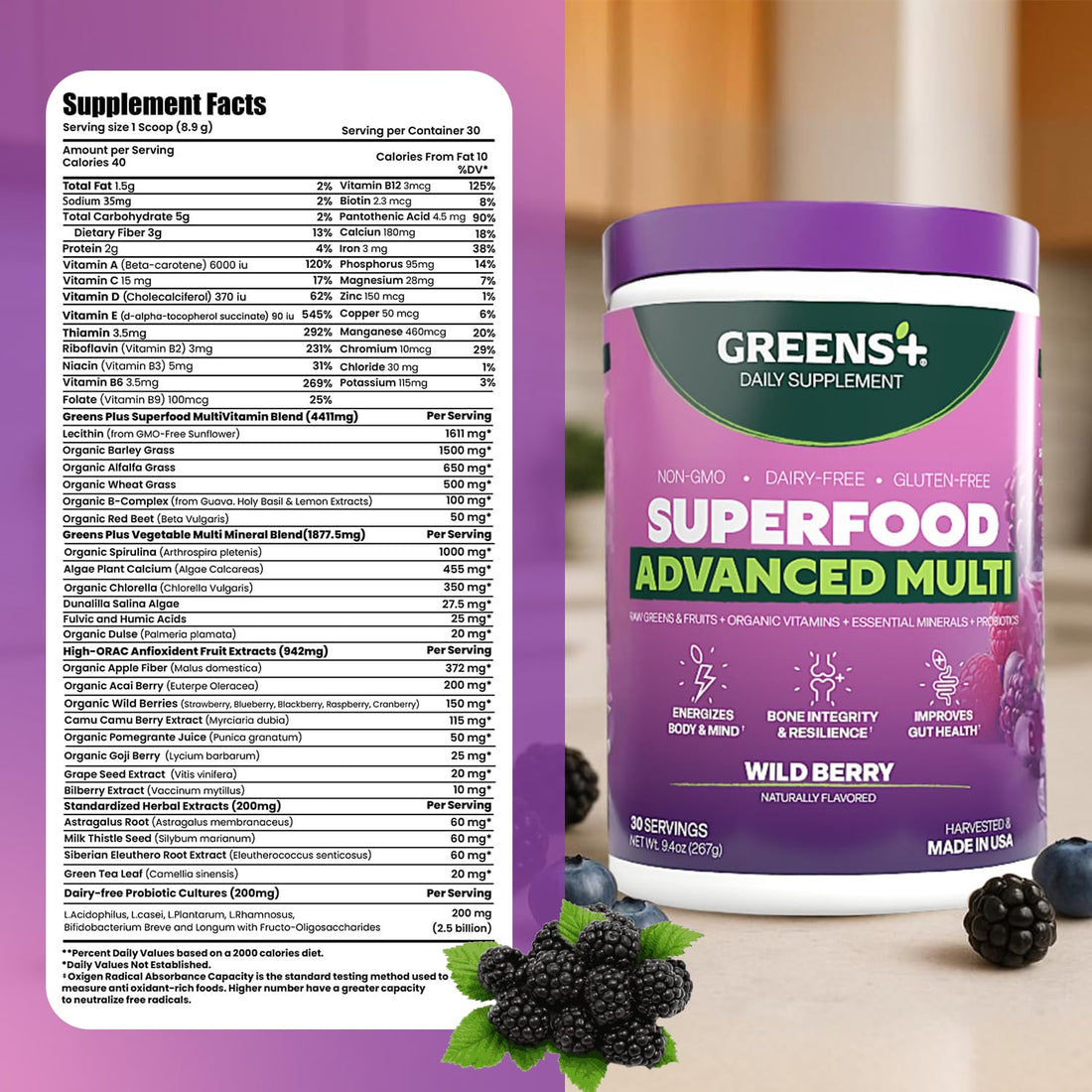 Greens+ Advanced Multi Wild Berry Superfood Powder, Organic Blend, Vegan, Non-GMO, Soy-Free, Dairy-Free, Gluten-Free, Dietary Supplement with Vitamins & Minerals, 9.4 oz Greens+ Au supplements