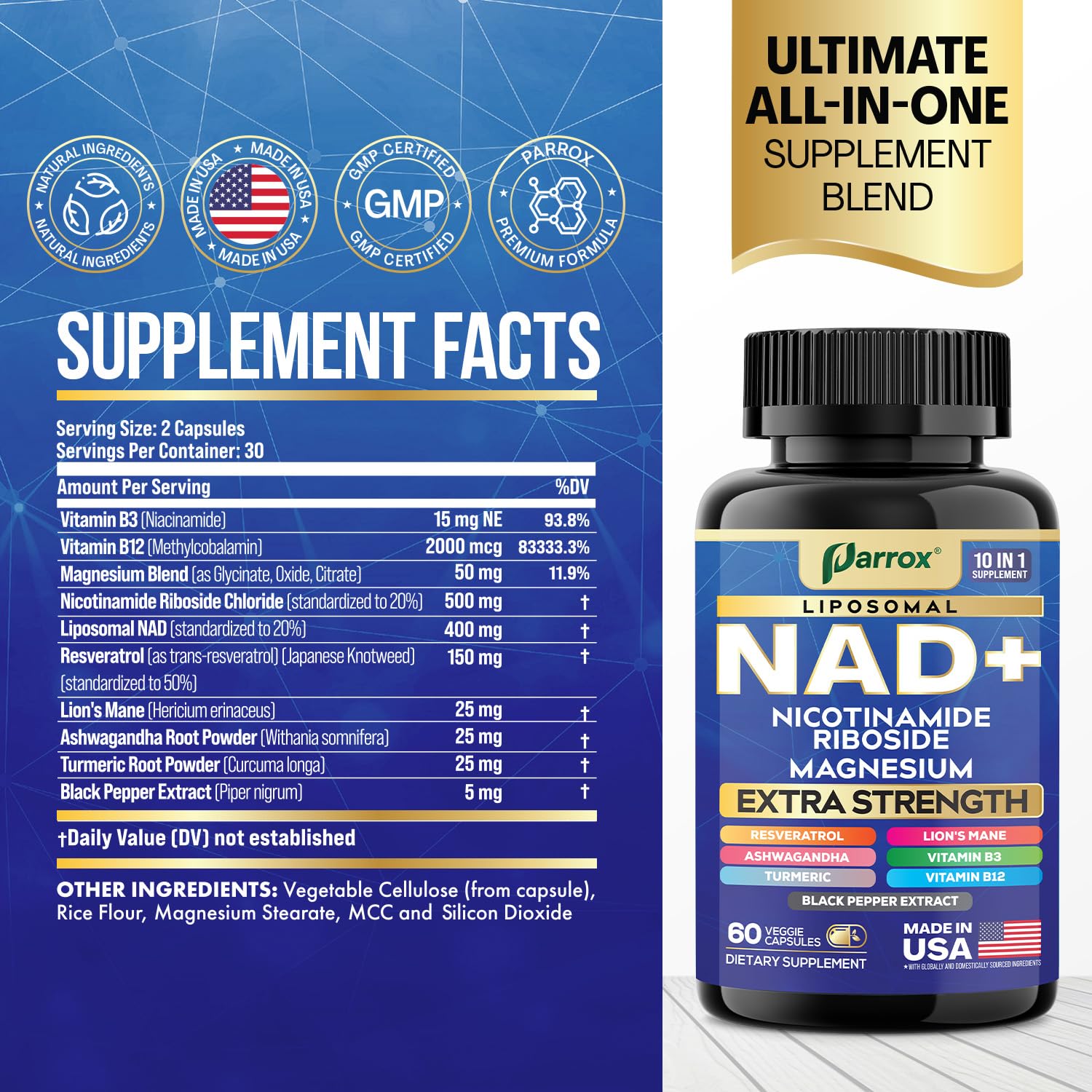 Parrox NAD+ Supplement with Liposomal NAD+, Nicotinamide Riboside, Magnesium, Vitamin B3 & B12, Resveratrol, Turmeric, Ashwagandha, Lion’s Mane,10-in-1 Extra Strength (2 Pack) Parrox Au supplements