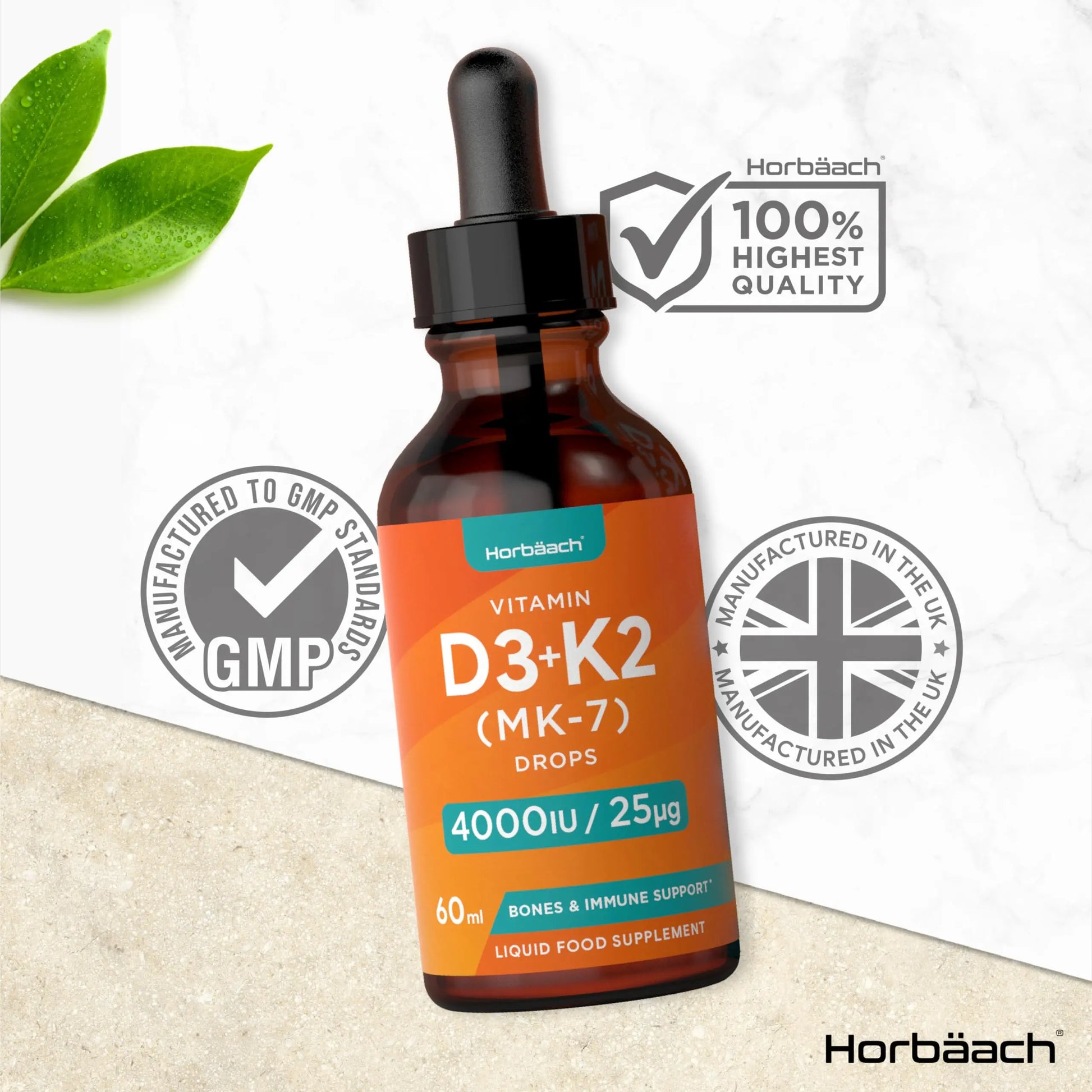 Vitamin D3 K2 Drops | 60mL | High Strength Vitamin D3 4000iu and K2 25ug | No Artificial Horbäach Au supplements