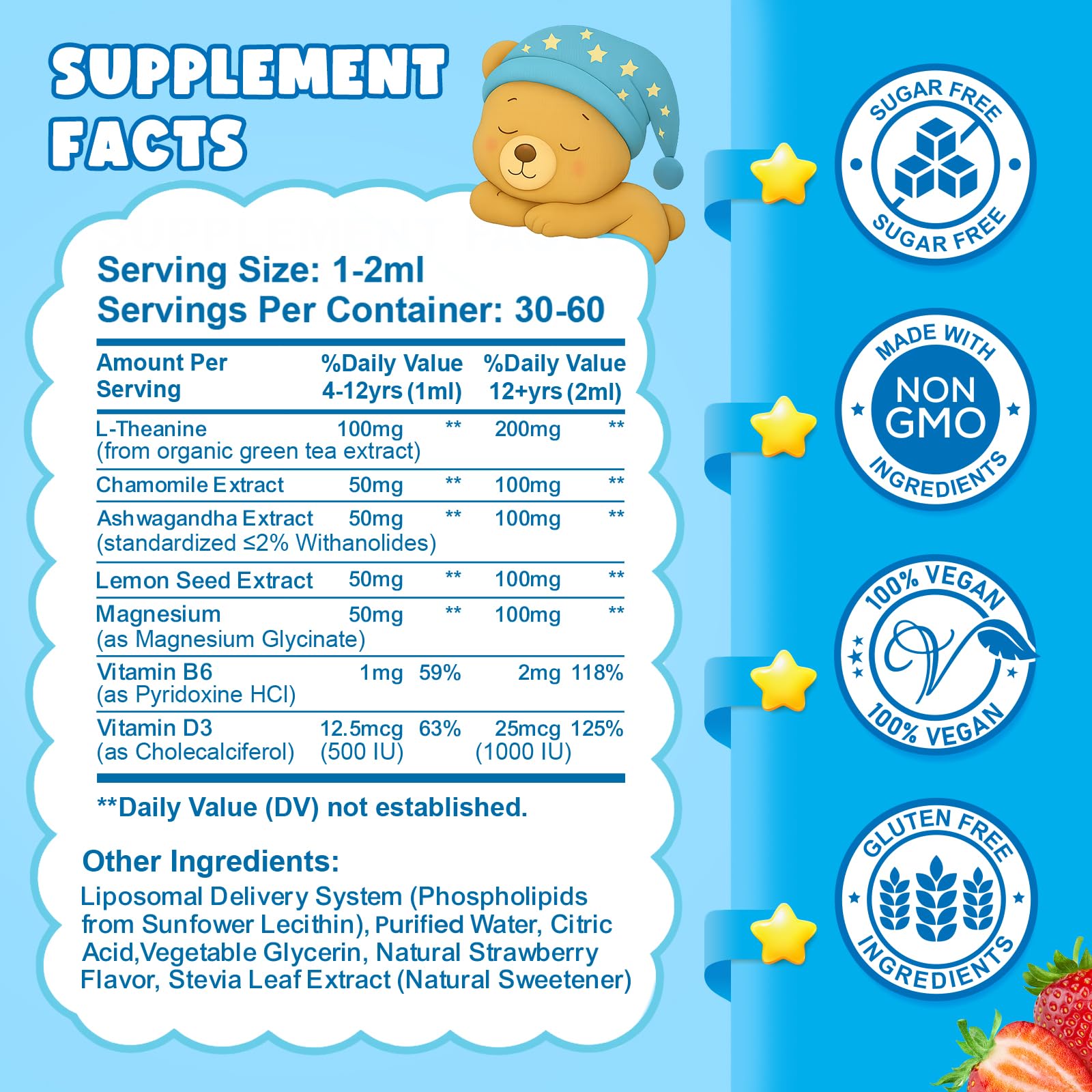 Liposomal L-Theanine Drops for Kids & Adults – Liquid L-Theanine Supplement with Magnesium Glycinate, Ashwagandha, Chamomile, Vitamin B6 & D3 – Supports Calm, Focus & Restful Sleep – Strawberry Flavor CFILIHTC Au supplements