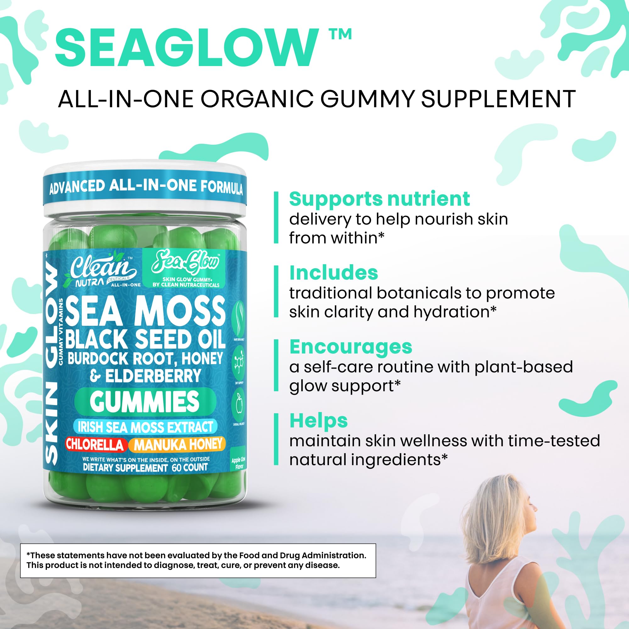 Clean Nutra Sea Moss Gummies Black Seed Oil Chlorella Ashwagandha Root Hair Growth Skin Glow Irish Sea Moss Elderberry Burdock Manuka Honey Trace Minerals Detox 60 Gummy Vitamins Sea Glow Supplement Clean Nutraceuticals Au supplements
