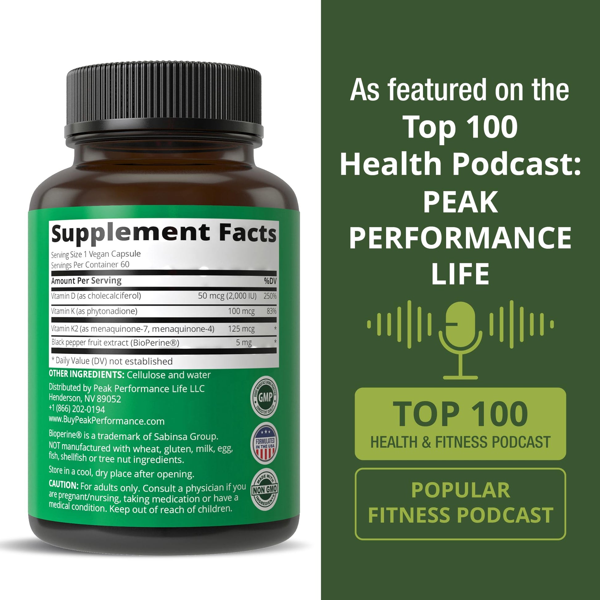 Peak Performance Advanced Vitamin D 2000 IU with All 3 Types of Vitamin K Vitamin D3 and Vitamin K2, K1, MK-7 (MK7), MK4 Supplements - 60 Small and Easy to Swallow Vegetable Pills Peak Performance Au supplements