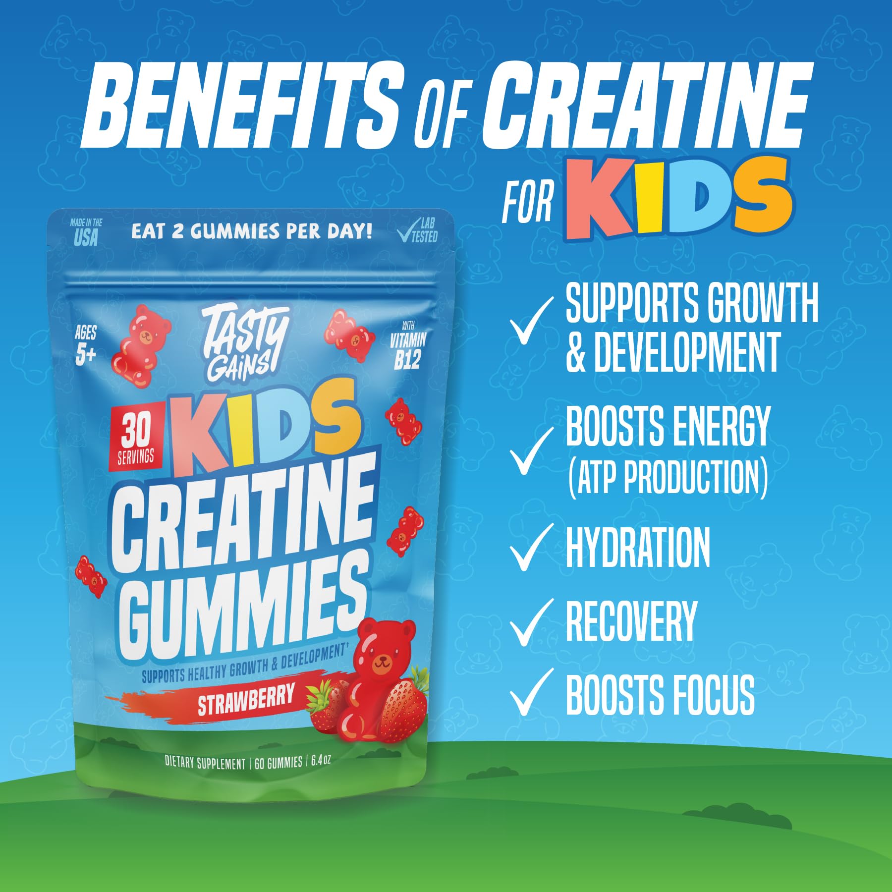 TASTY GAINS Kids & Teen Creatine Gummies with Vitamin B12 for Growth Support, Easy Chew Daily Supplement, Gummy Vitamins for Kids and Teens, Ages 5+ TASTY GAINS Au supplements
