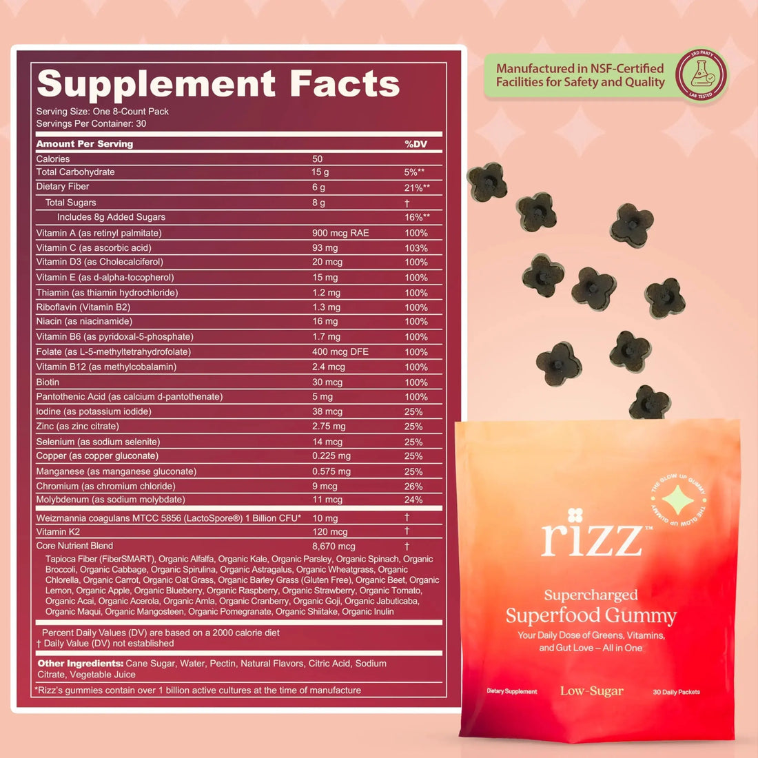 Rizz Low Sugar Green Gummies - 60+ Superfoods 6g Fiber - Prebiotic and Probiotic Gummies - Vegan Multivitamins for Women & Men Rizz Au supplements
