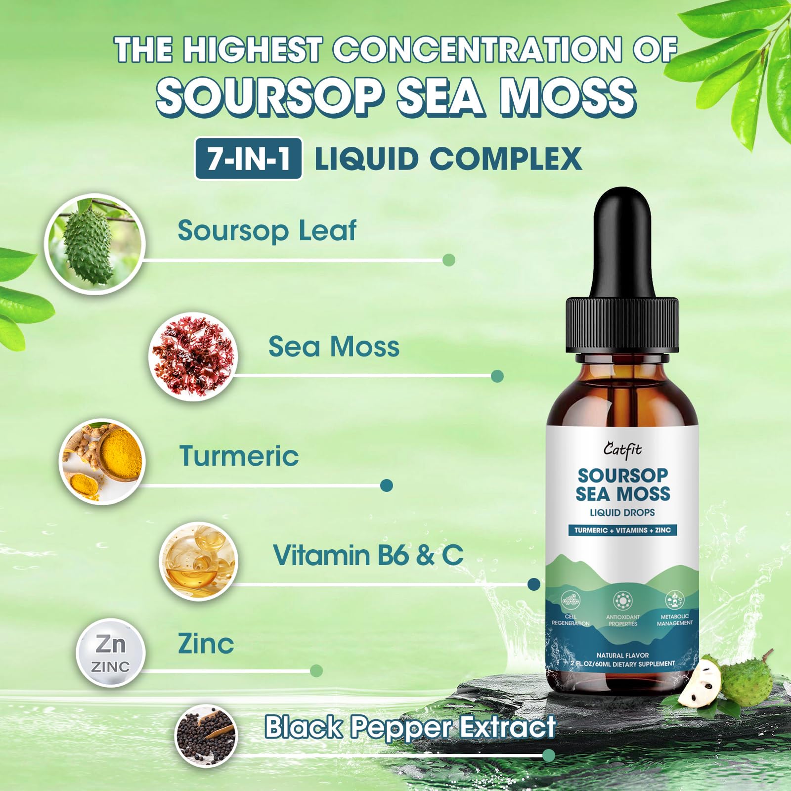 Catfit Soursop Graviola Liquid Drop – Soursop Drops for Cell Support, Antioxidant, Relaxation & Immune Boost with Sea Moss, Turmeric, Black Pepper, B6 C, Zinc, Sugar Free, Gluten Free, Vegan, 2 Fl Oz Catfit Au supplements