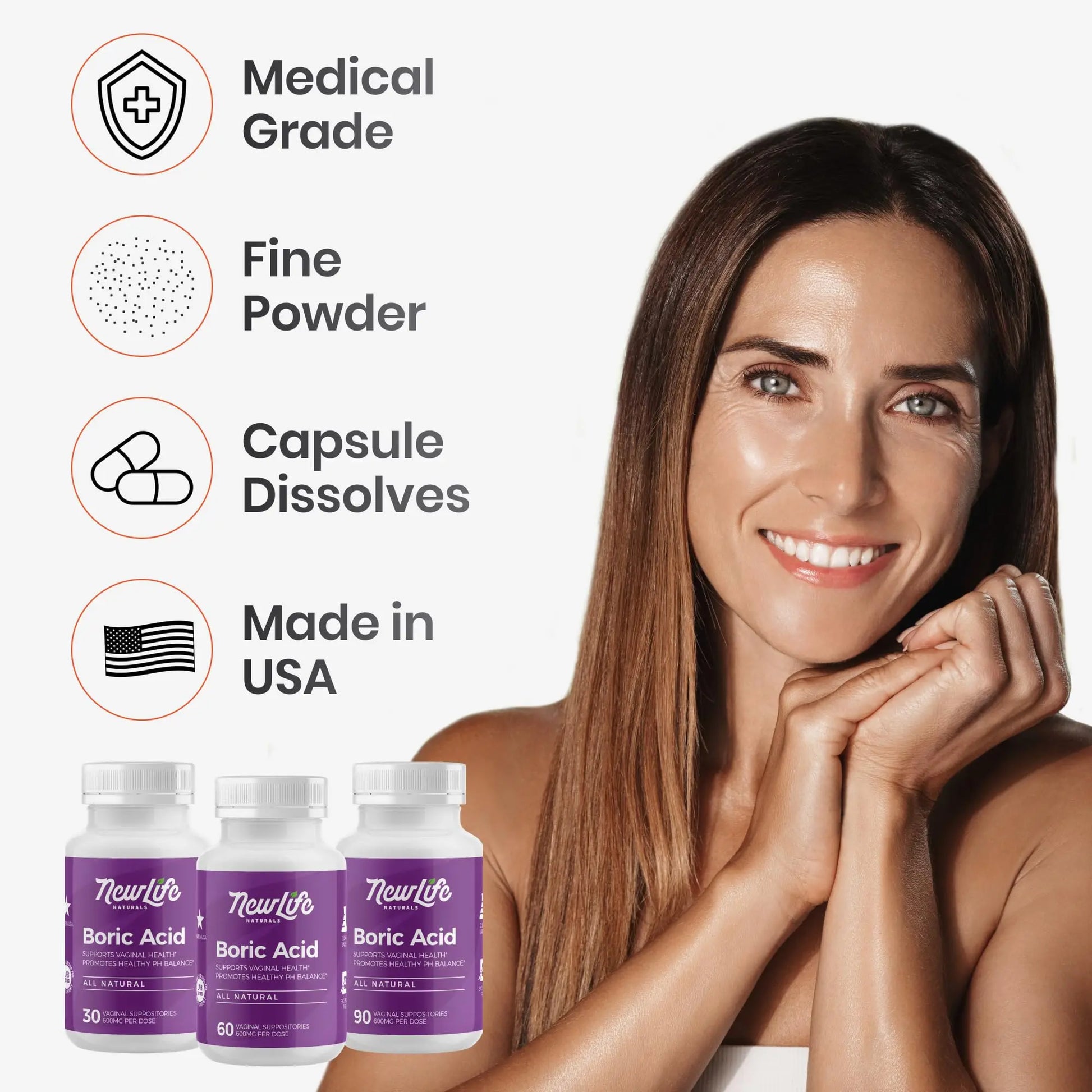 NewLife Naturals - Medical Grade Boric Acid Vaginal Suppositories - 600mg - 100% Pure Womens pH Balance Pills - Yeast Infection, BV - 60 Capsules: Made in USA NewLife Naturals Au supplements