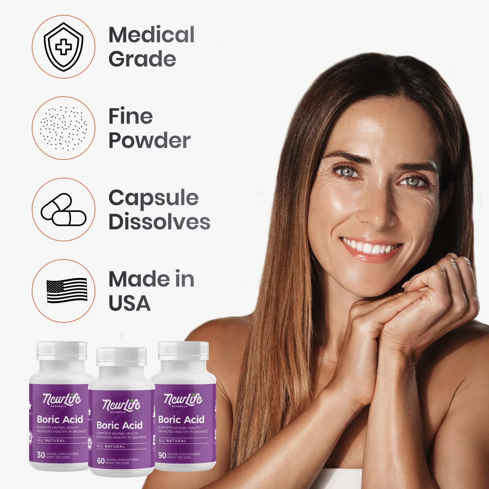 NewLife Naturals - Medical Grade Boric Acid Vaginal Suppositories - 600mg - 100% Pure Womens pH Balance Pills - Yeast Infection, BV - 90 Capsules: Made in USA NewLife Naturals Au supplements