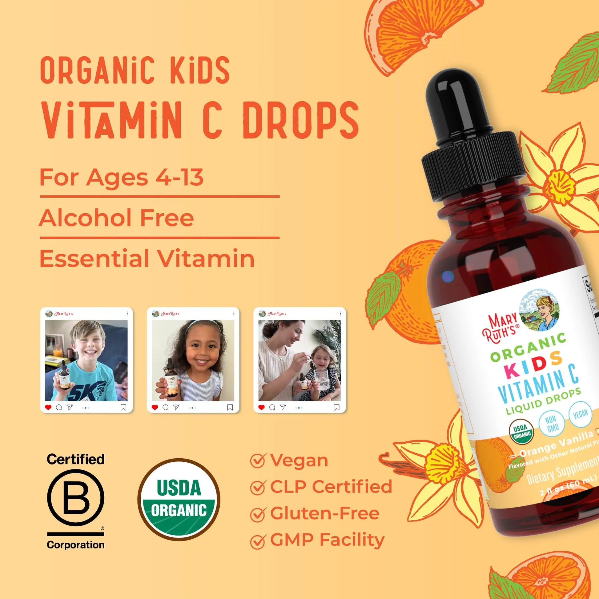 MaryRuth Organics USDA Kids Vitamin C Drops | Vegan Immune Support Supplement for Ages 4-13 | Immune Support & Overall Health | Vitamin C from Organic Acerola Fruit Extract | 2oz MARYRUTH'S Au supplements
