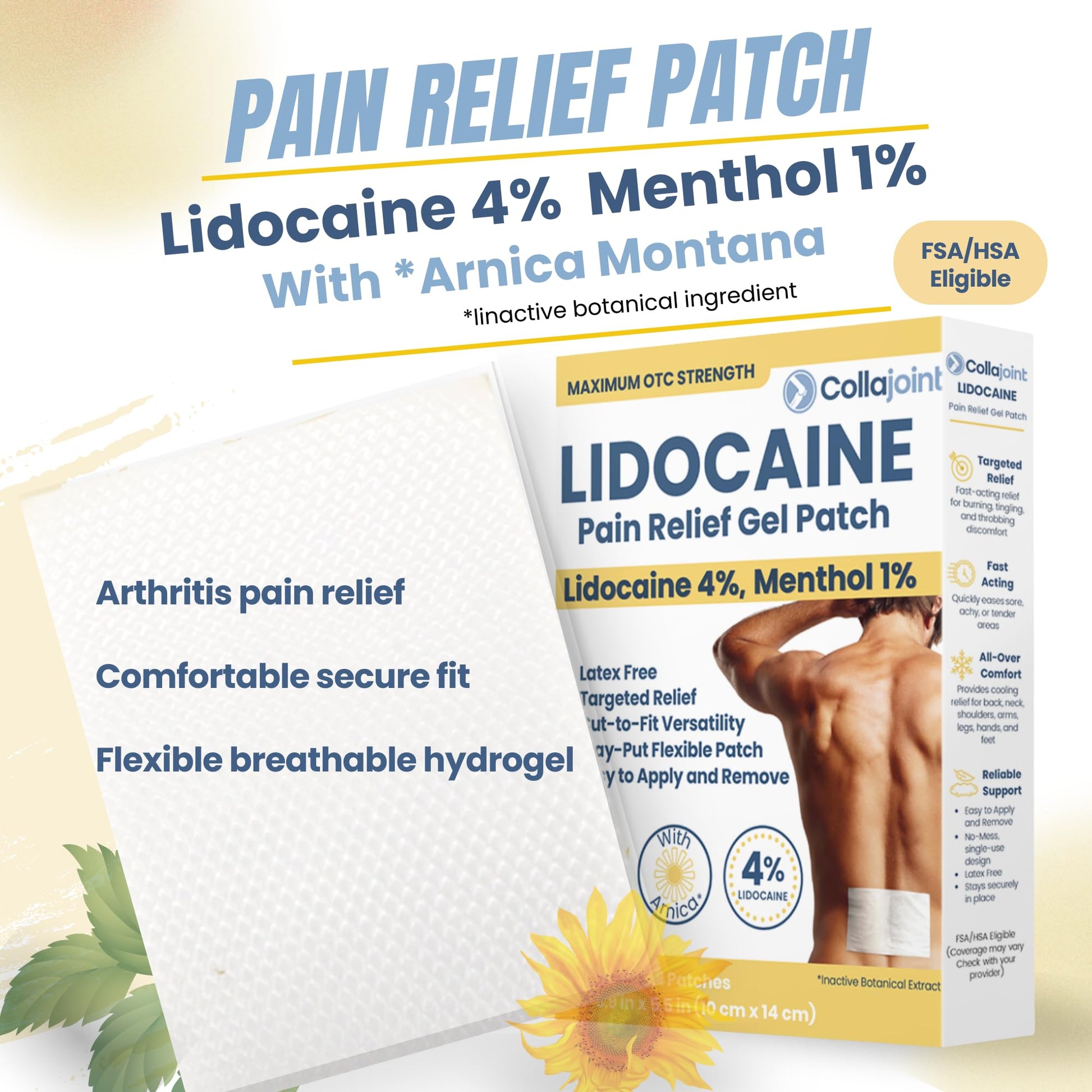 Collajoint Maximum-Strength Lidocaine 4% & Menthol 1% Hydrogel Pain Relief Patch with Arnica Montana Flower Extract-Temporary Numbing & Cooling Relief for Sore Muscles, Stiff Joints & Arthritis Collajoint Au supplements