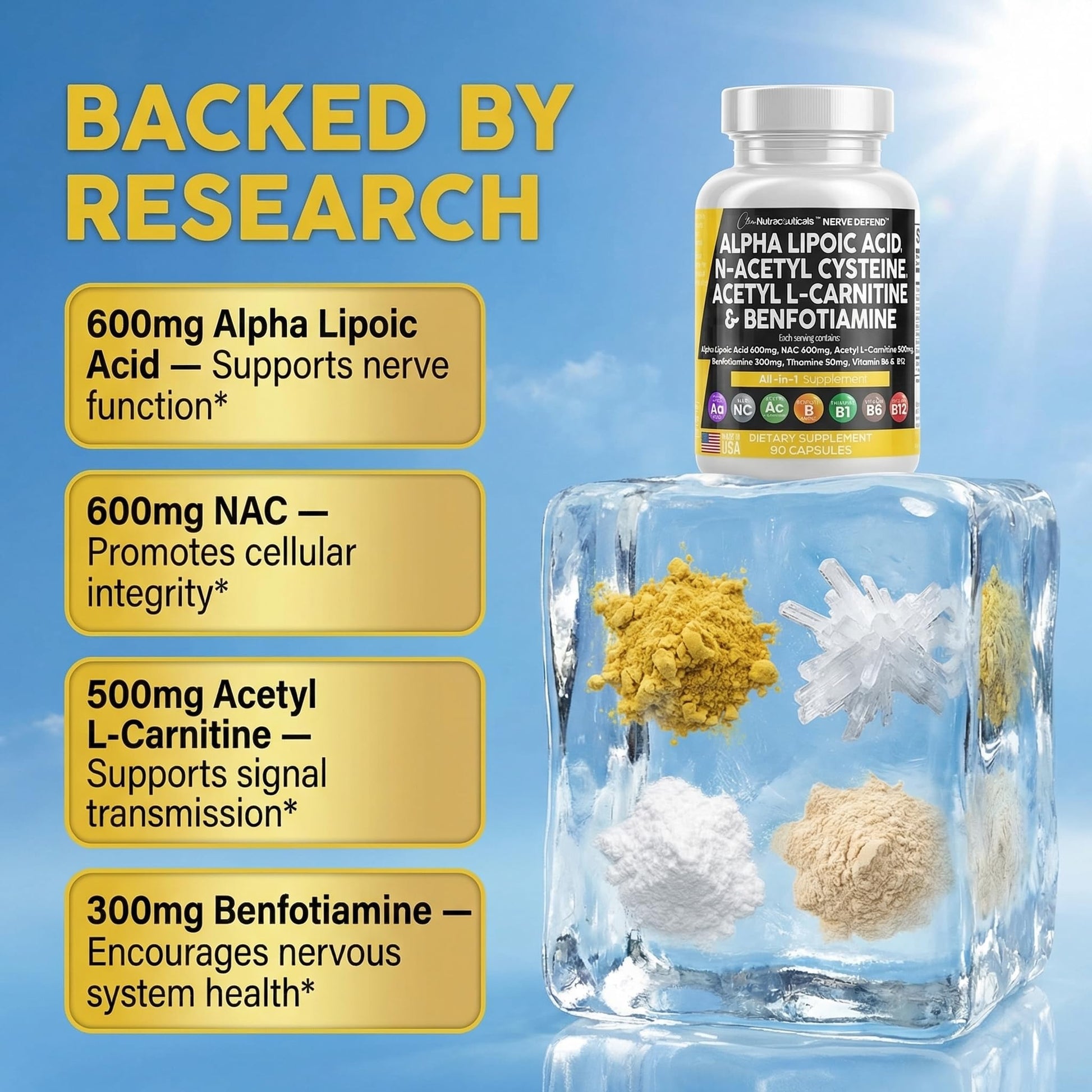 Alpha Lipoic Acid 600mg N-Acetyl Cysteine 600mg Acetyl L-Carnitine 500mg Benfotiamine 300mg - Nerve Support Supplement for Women and Men with Vitamin B1 B6 & B12 - Made in USA 90 Caps Clean Nutraceuticals Au supplements