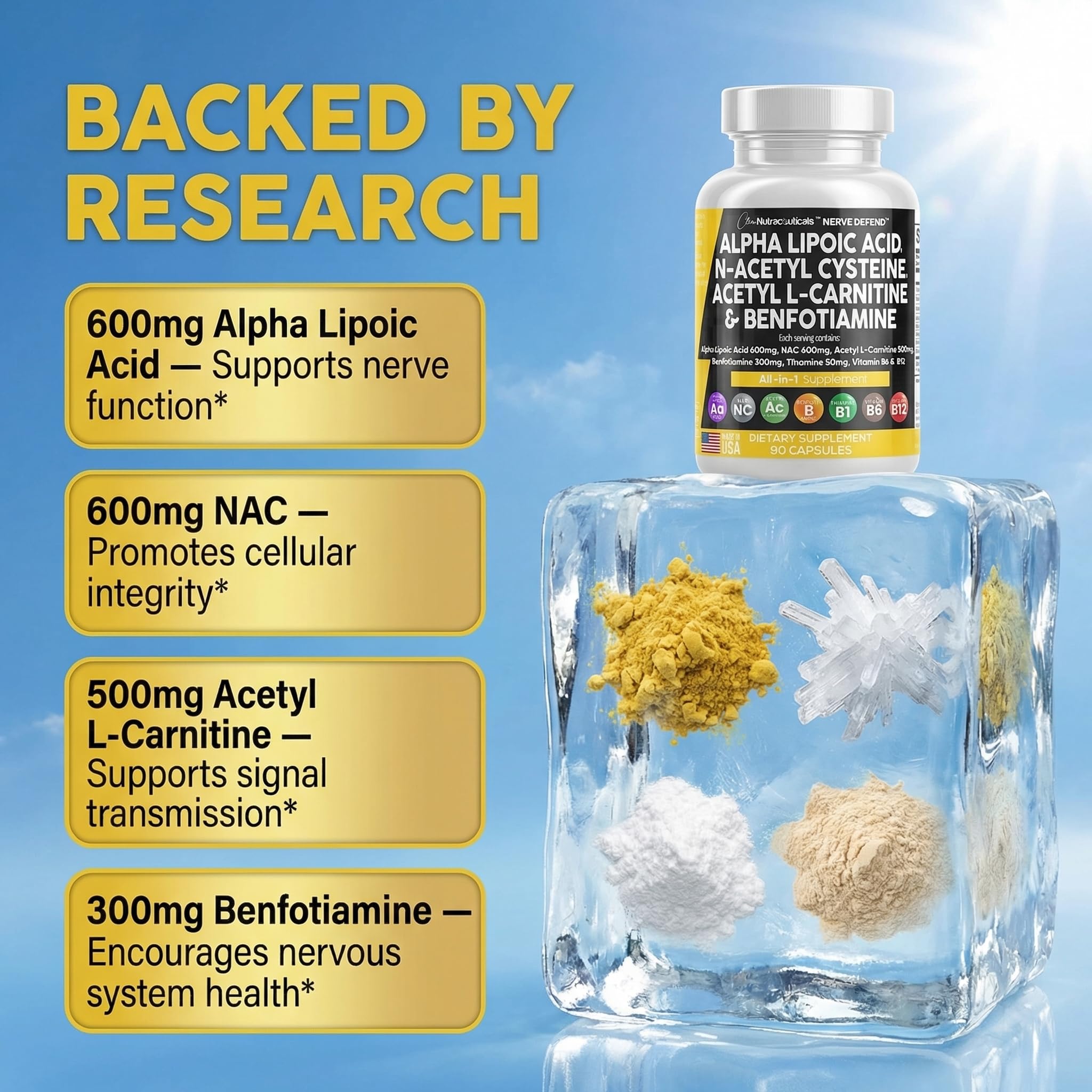 Alpha Lipoic Acid 600mg N-Acetyl Cysteine 600mg Acetyl L-Carnitine 500mg Benfotiamine 300mg - Nerve Support Supplement for Women and Men with Vitamin B1 B6 & B12 - Made in USA 90 Caps Clean Nutraceuticals Au supplements