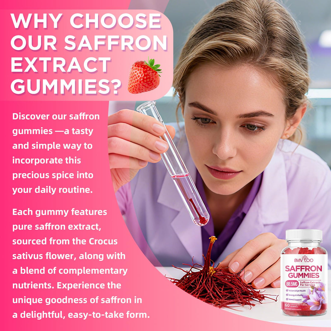 Saffron Gummies for Adult Kids, 10-IN-1 Formula with Saffron 88.5mg, Vitamins D3 & B6, Magnesium, Zinc, Ashwagandha, L-Theanine, St. John's Wort - Supports Mood & Focus, Strawberry Flavor, 60 Count BVIVLOO Au supplements