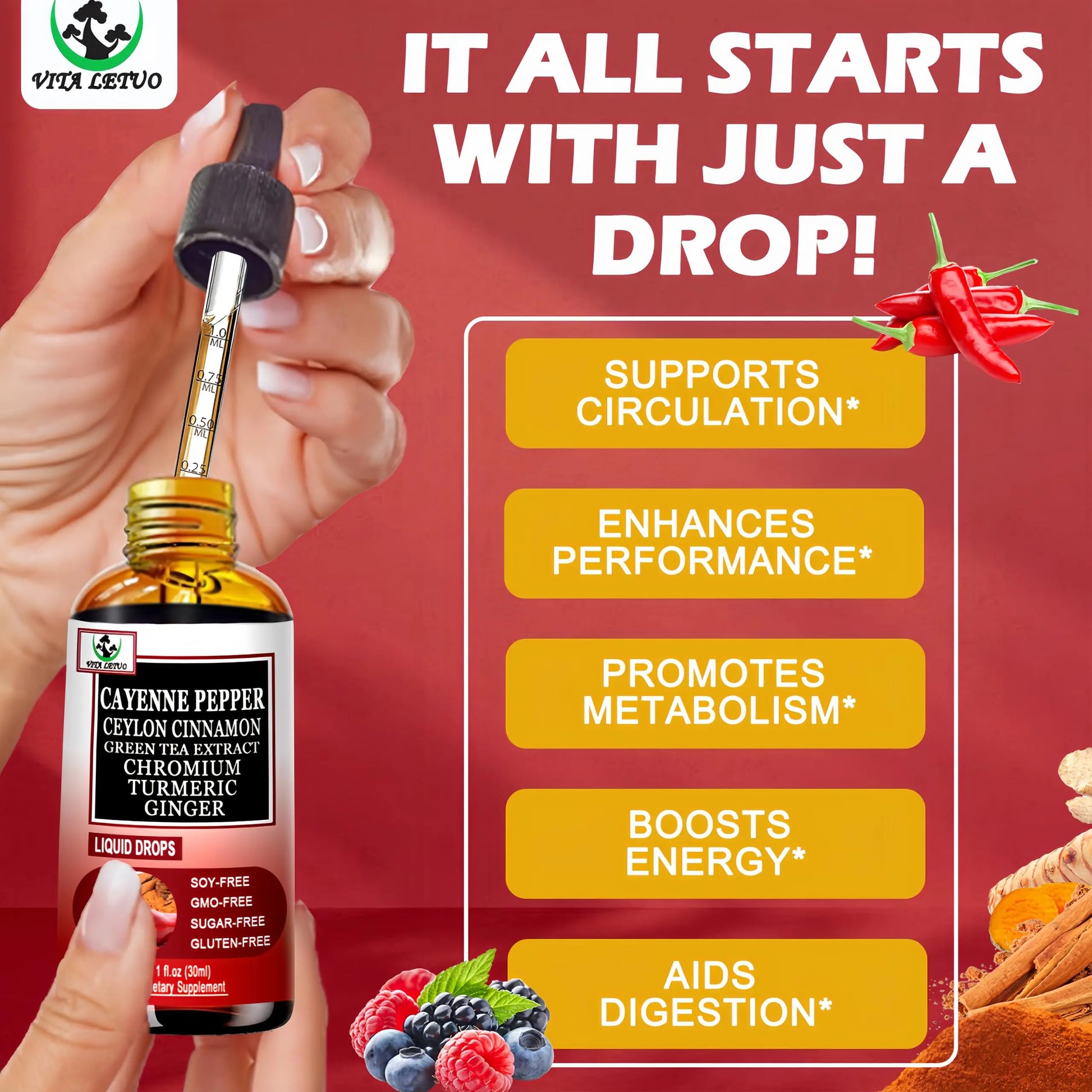 Cayenne Pepper Drops, High Absorption 6-in-1 Liquid Cayenne Pepper Supplement w/Ceylon Cinnamon, Green Tea Extract, Turmeric, Organic Liquid Drops Than Cayenne Capsules Powder Vita letuo Au supplements