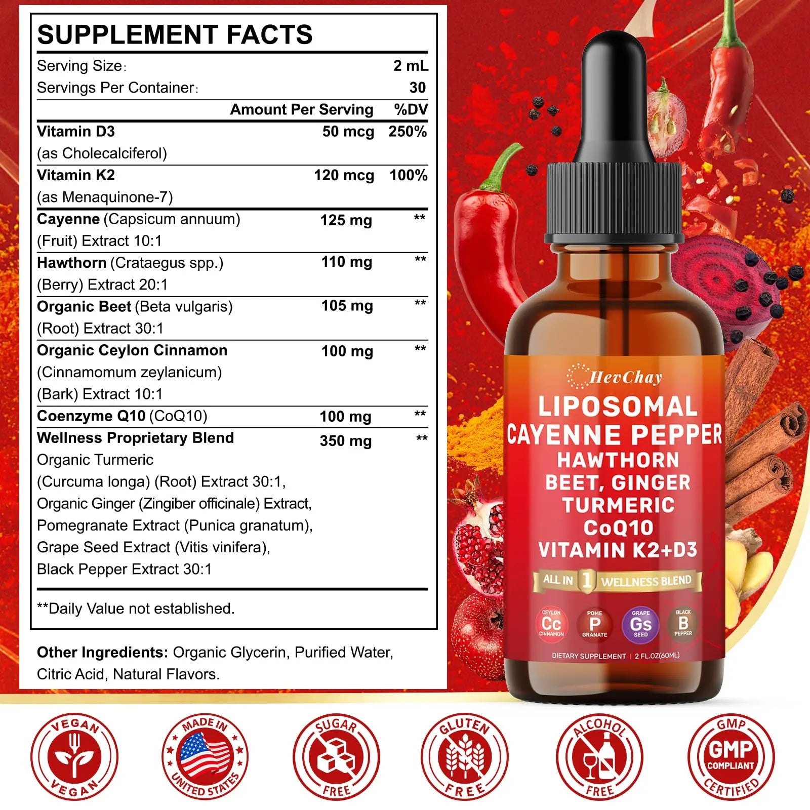Cayenne Pepper Drops Liposomal Supplement Liquid + Hawthorn Berry, Vitamin D3 K2 Beet Root Powder, Ceylon Cinnamon, CoQ10, Turmeric Curcumin, Cayenne Pepper Extract - 2oz HevChay Au supplements