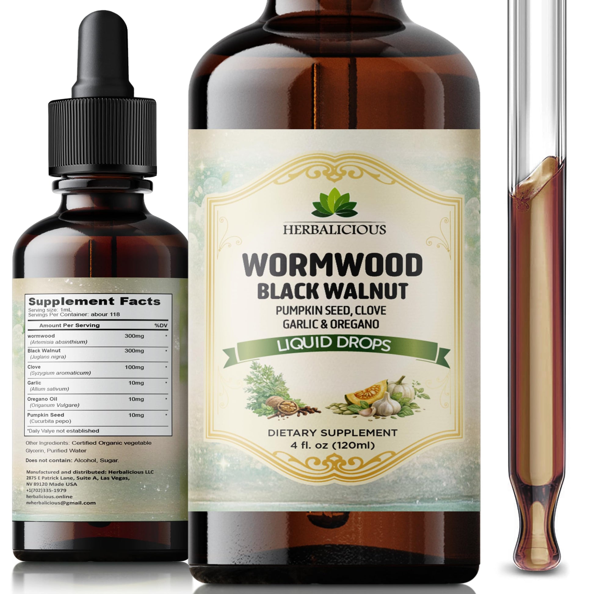 HEBRALICIOUS Wormwood Black Walnut Liquid Drops – Herbal Blend with Pumpkin Seed, Clove, Garlic & Oregano Oil – Alcohol Free Herbal Tincture – Liquid Dietary Supplement, 4 fl oz (120ml) HERBALICIOUS Au supplements