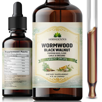 HEBRALICIOUS Wormwood Black Walnut Liquid Drops – Herbal Blend with Pumpkin Seed, Clove, Garlic & Oregano Oil – Alcohol Free Herbal Tincture – Liquid Dietary Supplement, 4 fl oz (120ml) HERBALICIOUS Au supplements