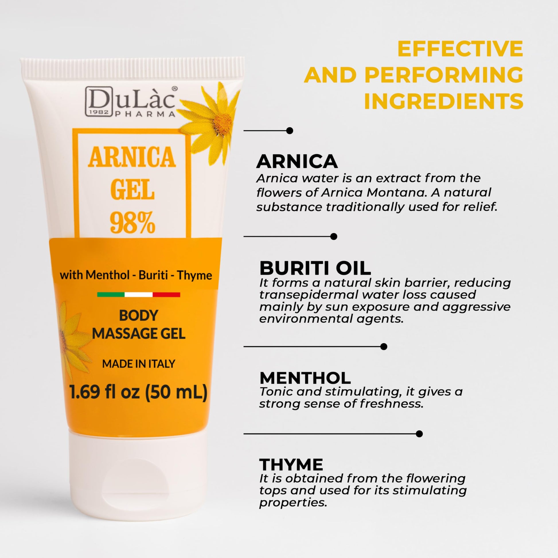 Dulac Arnica Body Massage Gel – Water-Based Cosmetic Massage Gel with Arnica Montana, Fast-Absorbing Lightweight Texture, Non-Greasy Feel, Dermatologically Tested, 1.7 Fl Oz DULÀC FARMACEUTICI 1982 Au supplements