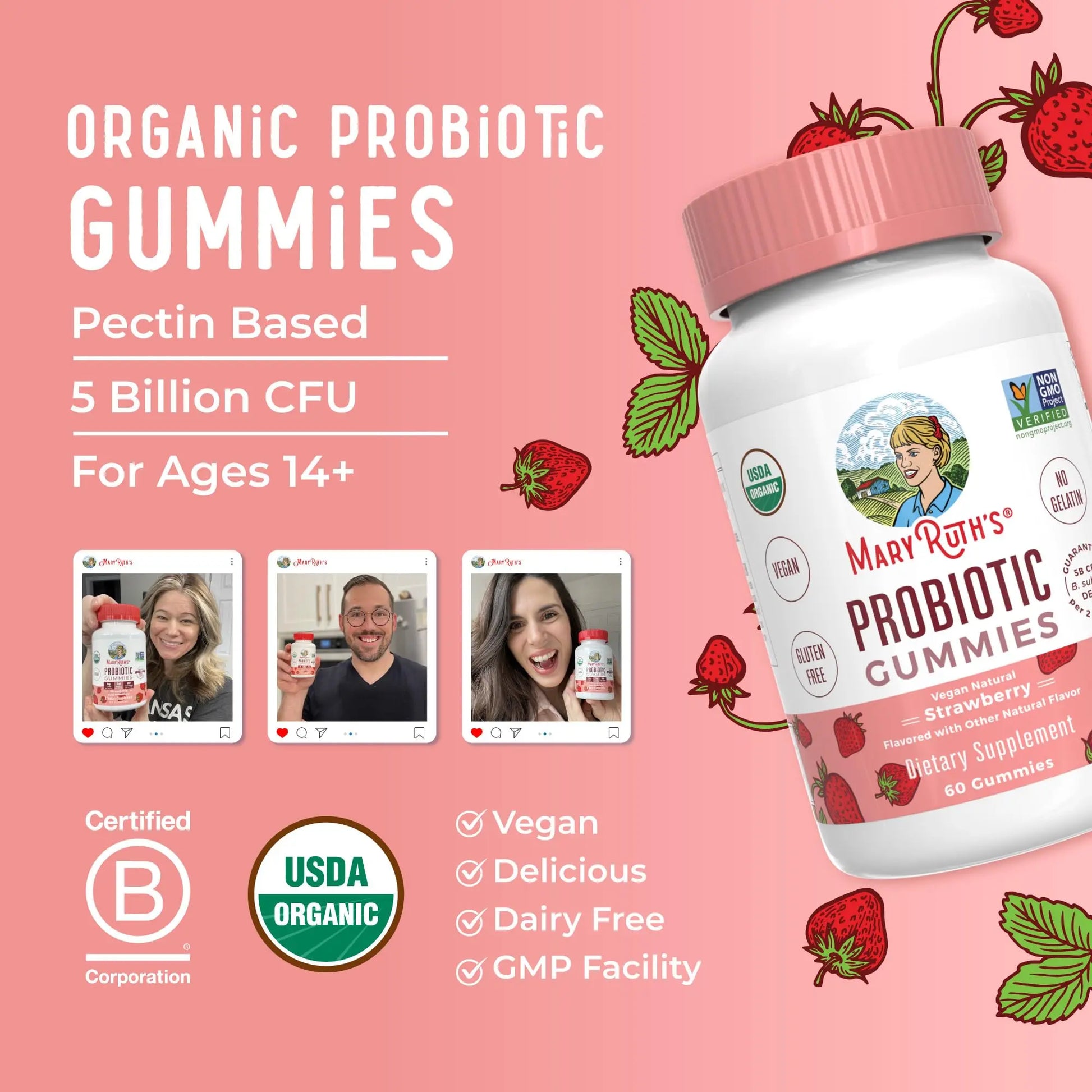 MaryRuth Organics USDA Organic Probiotic Gummies |Probiotics forWomen & Men Digestive Health & Gut Comfort Supplement 5 Billion CFU | Immune & Digestive Support | Vegan | Non-GMO | 60 Count MARYRUTH'S Au supplements