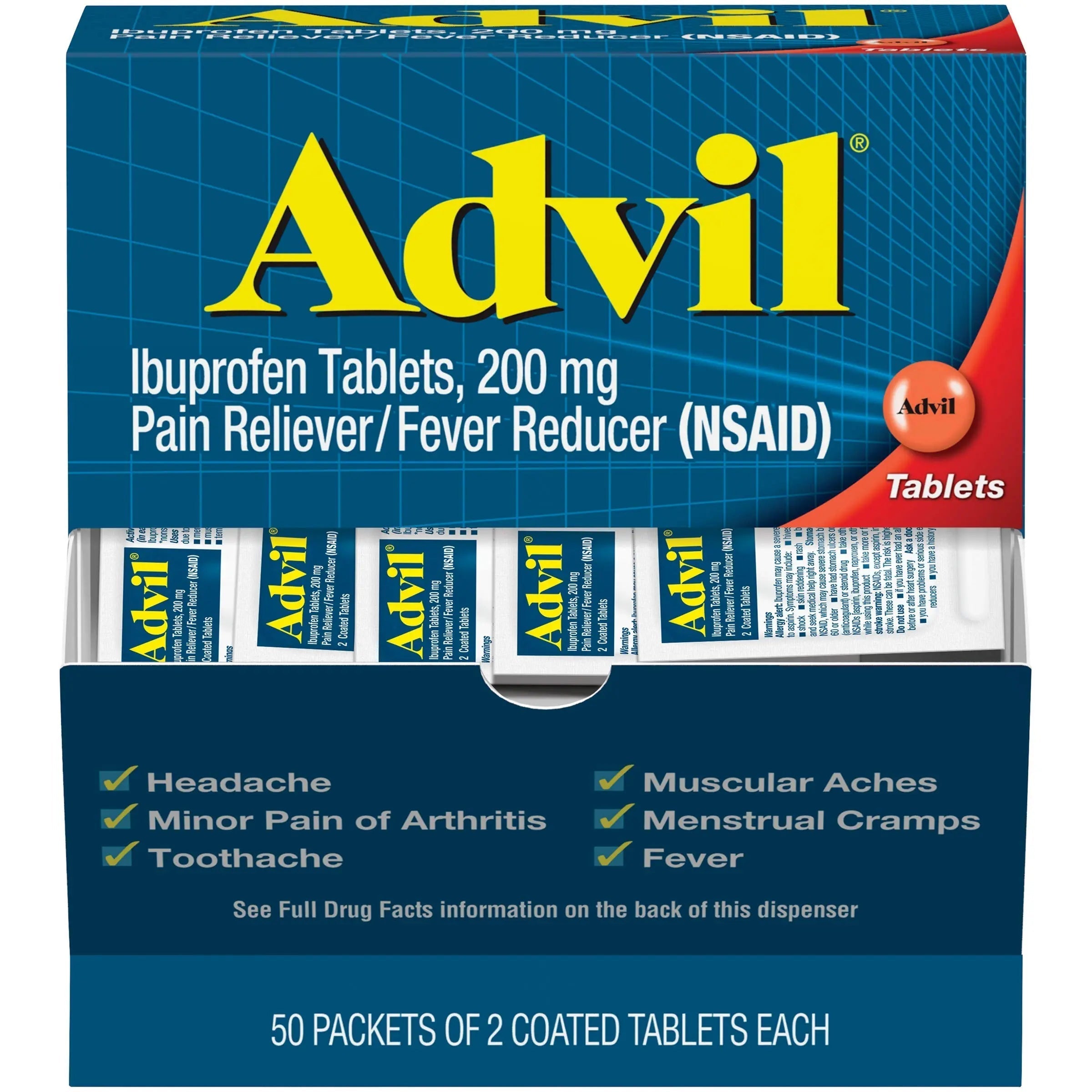 Advil Pain Reliever and Fever Reducer, Pain Relief Medicine with Ibuprofen 200mg for Headache, Backache, Menstrual Pain and Joint Pain Relief - 50x2 Coated Tablets Advil Au supplements