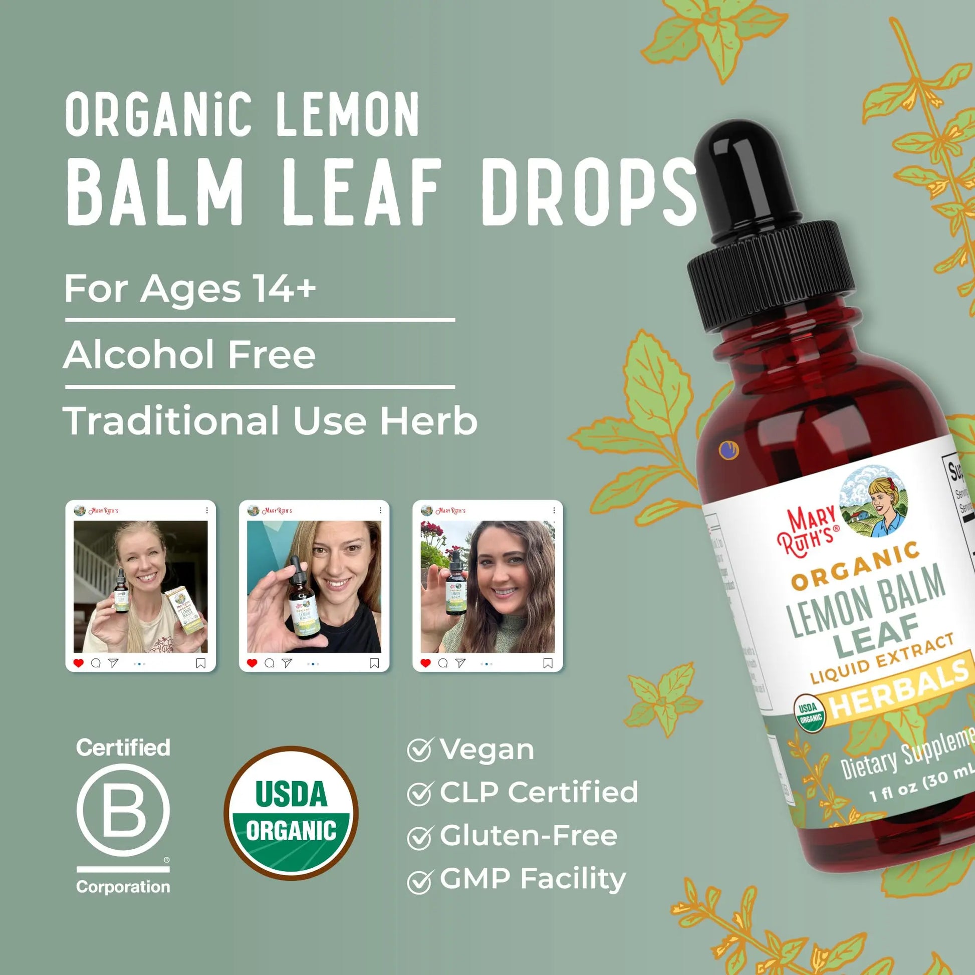 MaryRuth Organics Lemon Balm Leaf Liquid Extract | Mood Support | Relaxation | Calming | Nervine Herbal | Lemon Balm Tincture | USDA Organic | Vegan | Non-GMO | Gluten Free | 1 Fl Oz MARYRUTH'S Au supplements