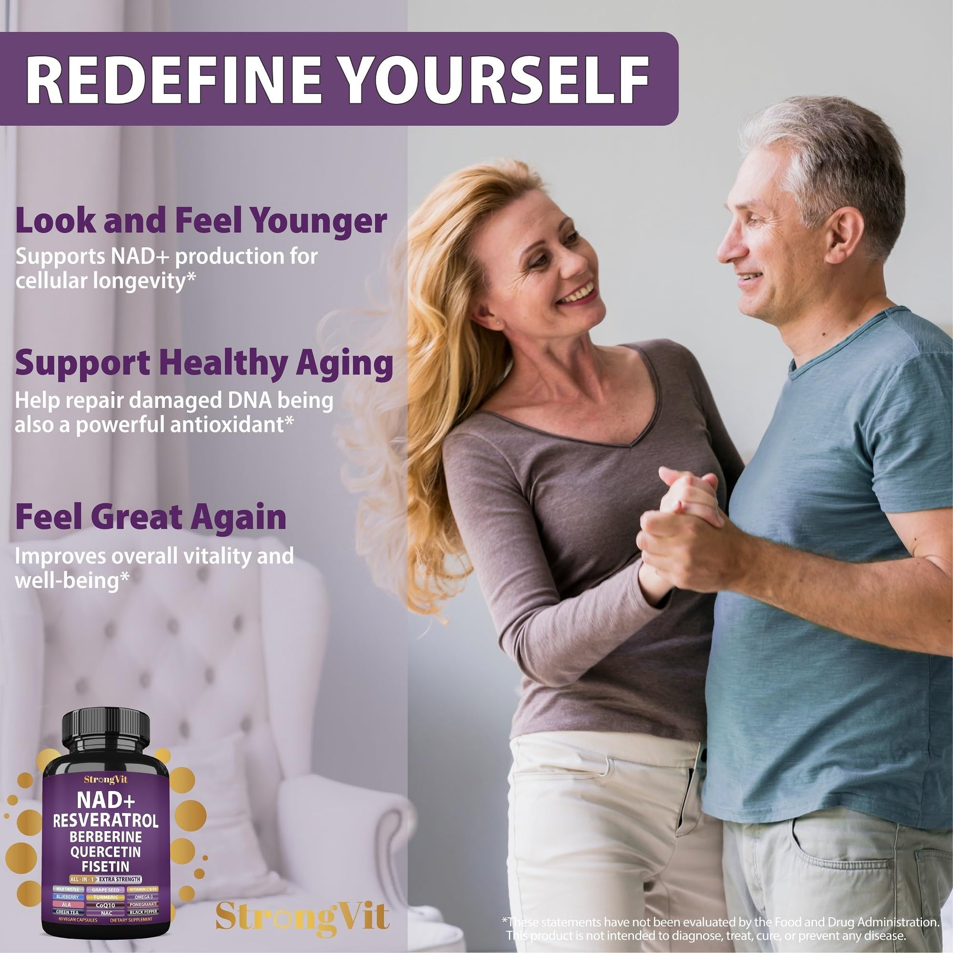 NAD Resveratrol Supplement with Berberine, Quercetin, CoQ10. Anti-Aging Formula for Women & Men. Liposomal NAD Plus, NAD+ Booster, Pure Organic Vitamin, USA StrongVit Au supplements