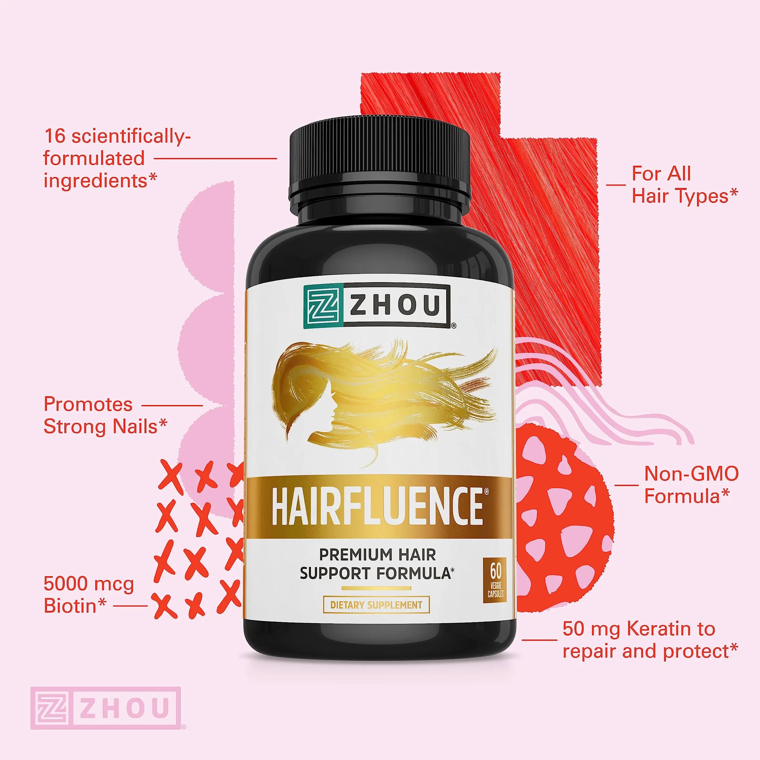 Zhou Hairfluence, Hair Growth Supplement with Biotin 5000mcg, Collagen, Keratin, Zhou Nutrition Au supplements