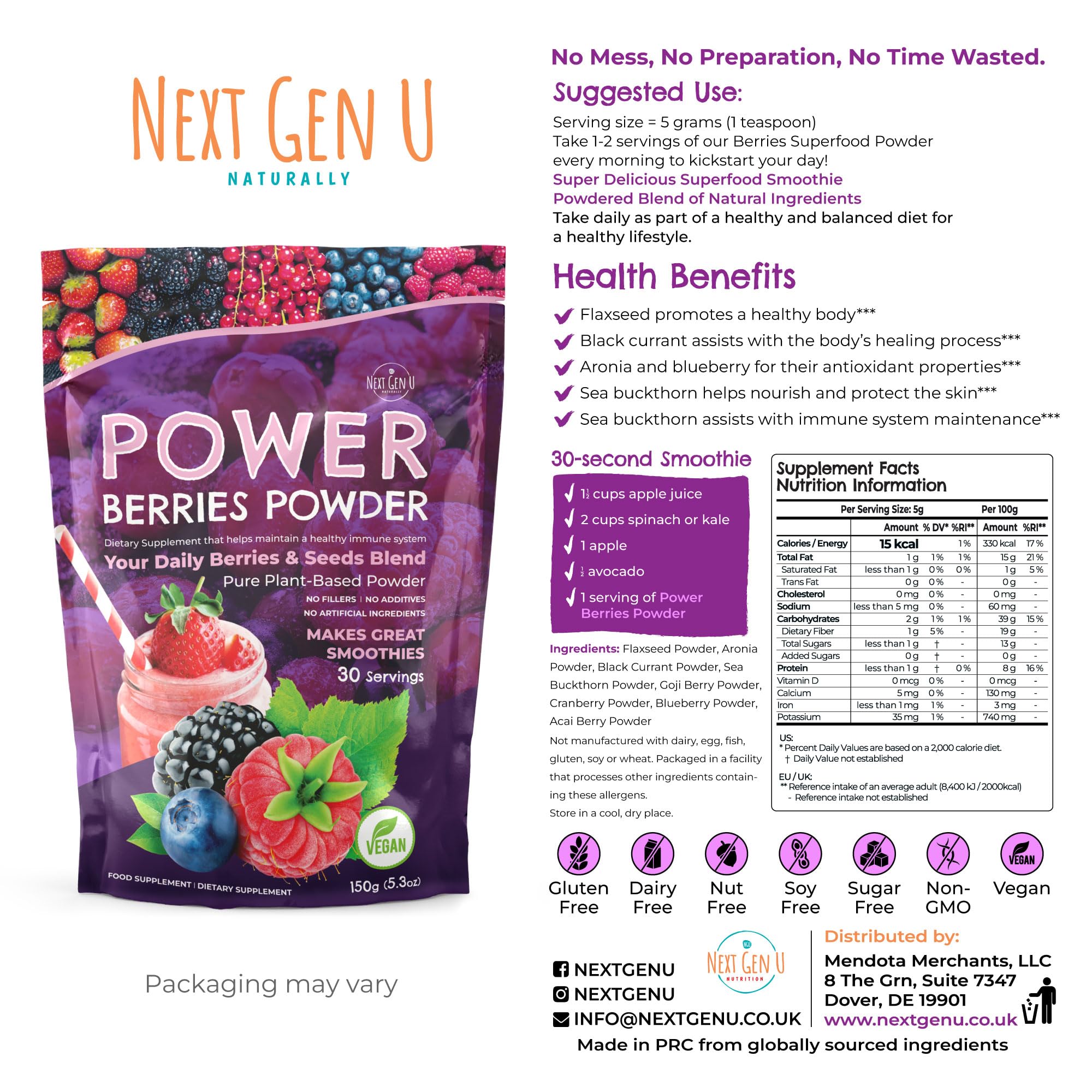 Super Berry Powder - 150g - Immune Support - Food Supplement - Superfood Berries - Smoothie Mix for Shakes - Healthy Boost for Detox Juice Beverages or Any Drink - by NextGenU NGU Next Gen U Au supplements