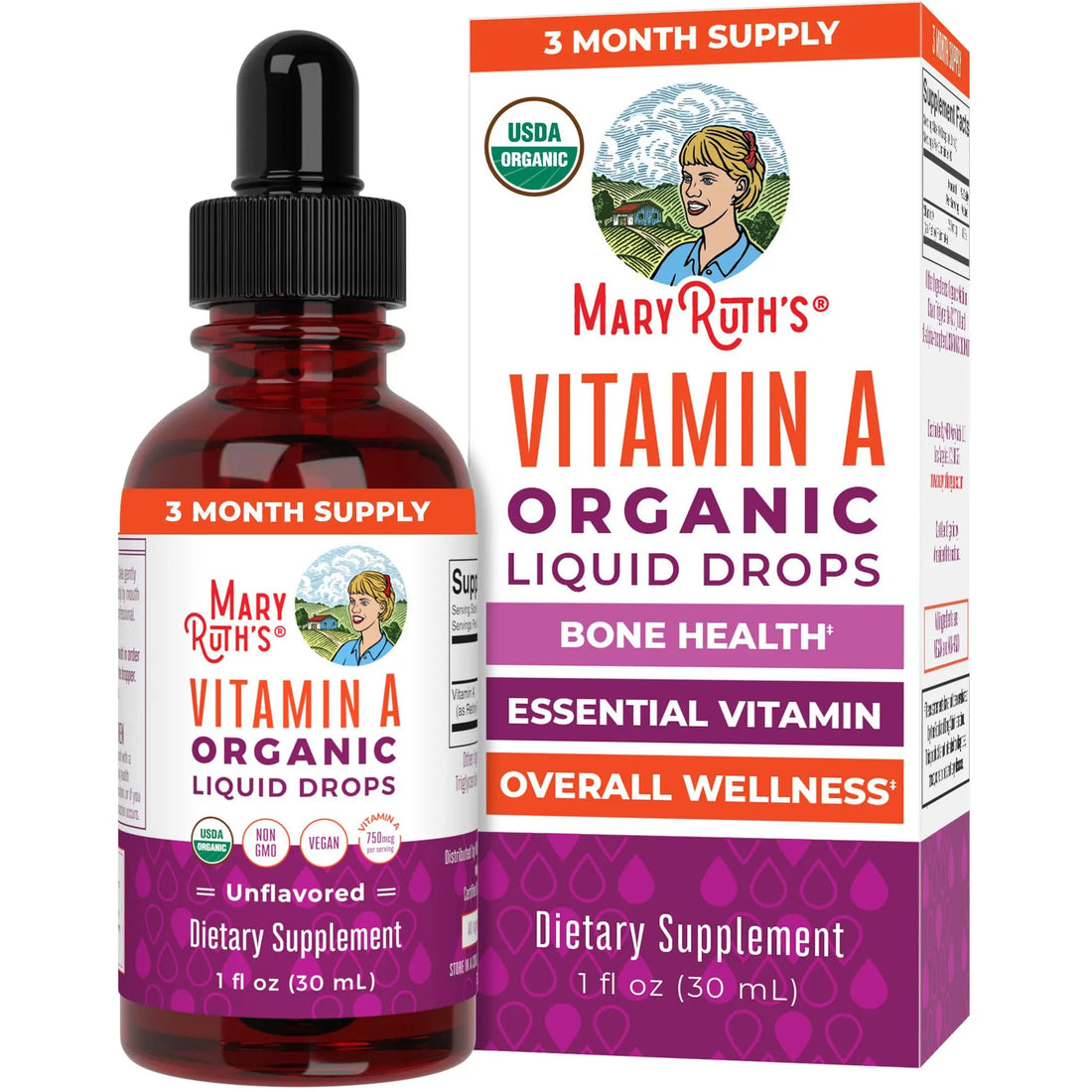 MaryRuth Organics USDA Organic Vitamin A Liquid Drops | 3 Month Supply | Bone Health for Ages 14+ | Essential Vitamin | 750mcg per Serving | Sugar Free | Vegan | Non-GMO | Gluten Free | 1oz MARYRUTH'S Au supplements