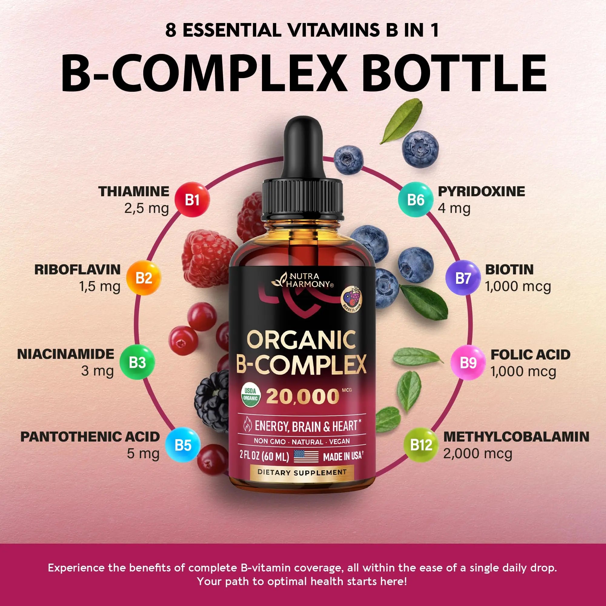 USDA Organic Vitamin B Complex Liquid Drops - 8-in-1 B Complex Vitamins: B1, B2, B3, B5 NUTRAHARMONY Au supplements