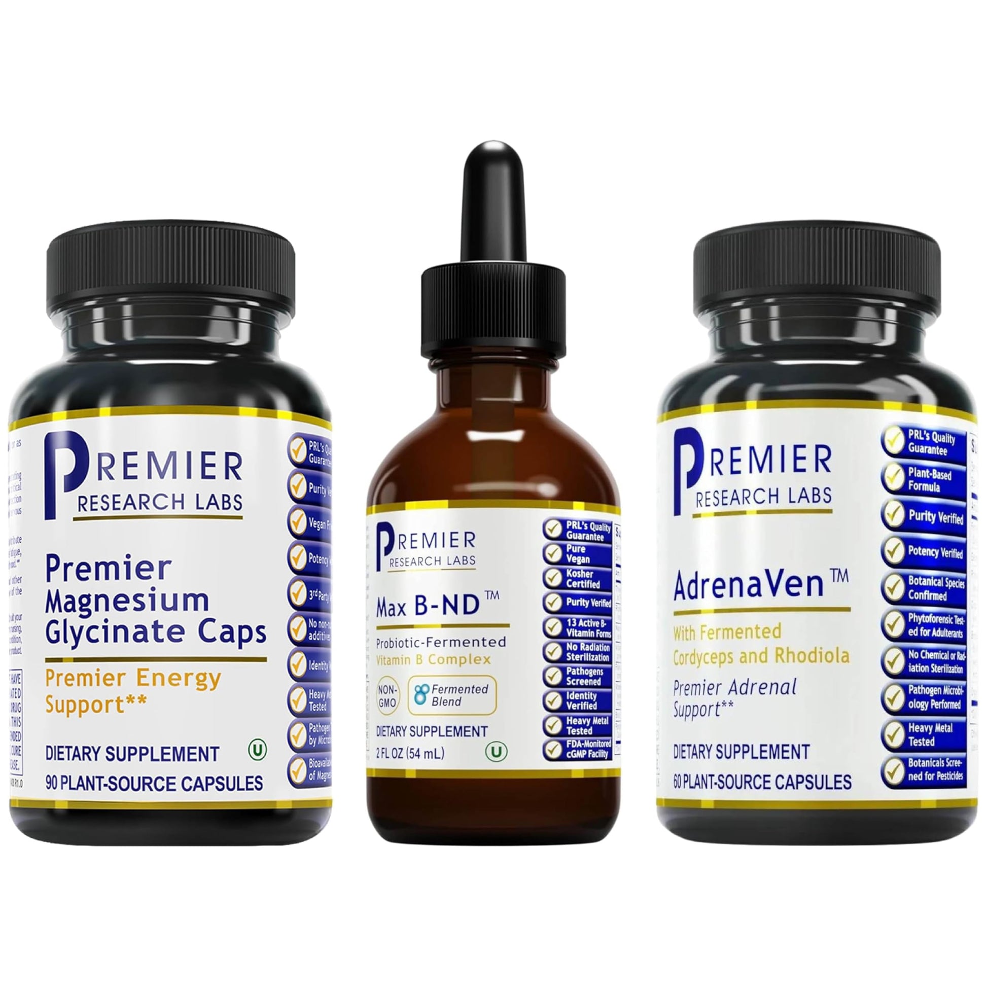 Premier Research Labs Magnesium Glycinate, Max BN-D, & AdrenaVen Supplement Bundle - Pure Magnesium, Liquid Vitamin B Complex for Liver & Brain Health, Adrenal Support for Women & Men - Pack of 3 Premier Research Labs Au supplements