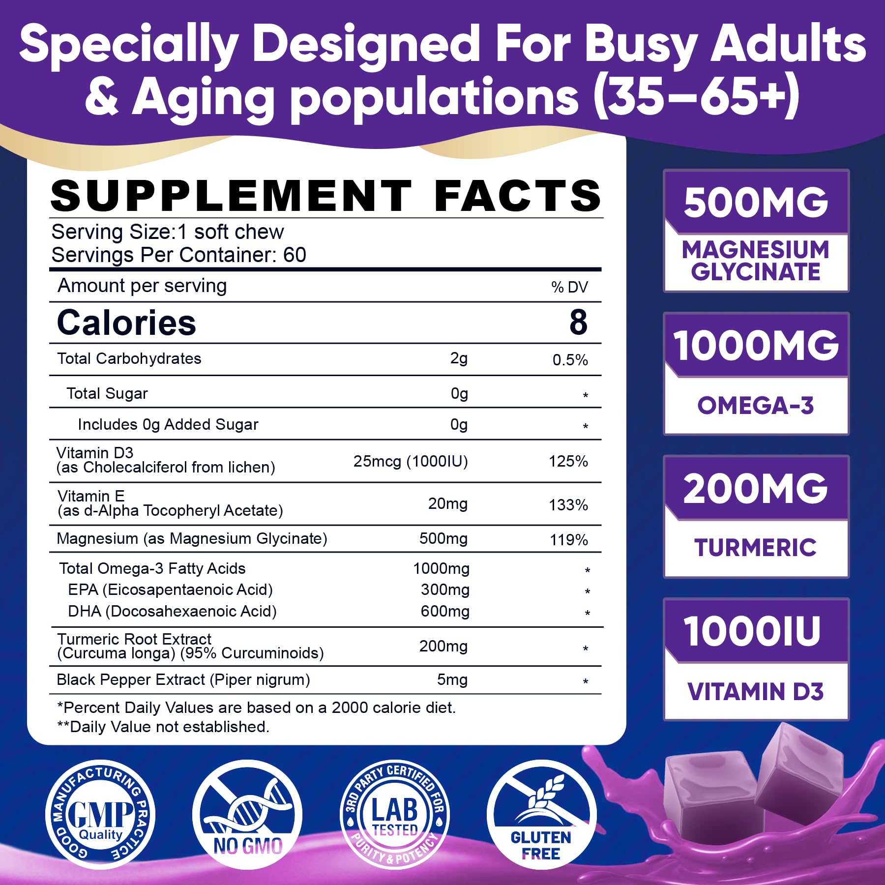 Magnesium Glycinate Gummies 500mg - Magnesium with Omega-3, Turmeric, Vitamin D3 & E | Magnesium Glycinate Soft Chews for Adults