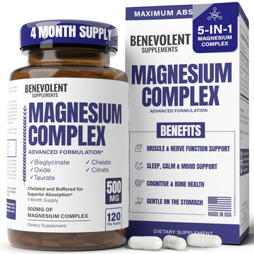 Magnesium Complex Supplement, 4 Month Supply of 500mg 5-in-1 Bisglycinate, Oxide, Taurate, Aspartate, Citrate, Max Absorption Magnesium Supplement for Calm, Sleep & Leg Cramps, 120 Capsule Benevolent Nourishment Au supplements