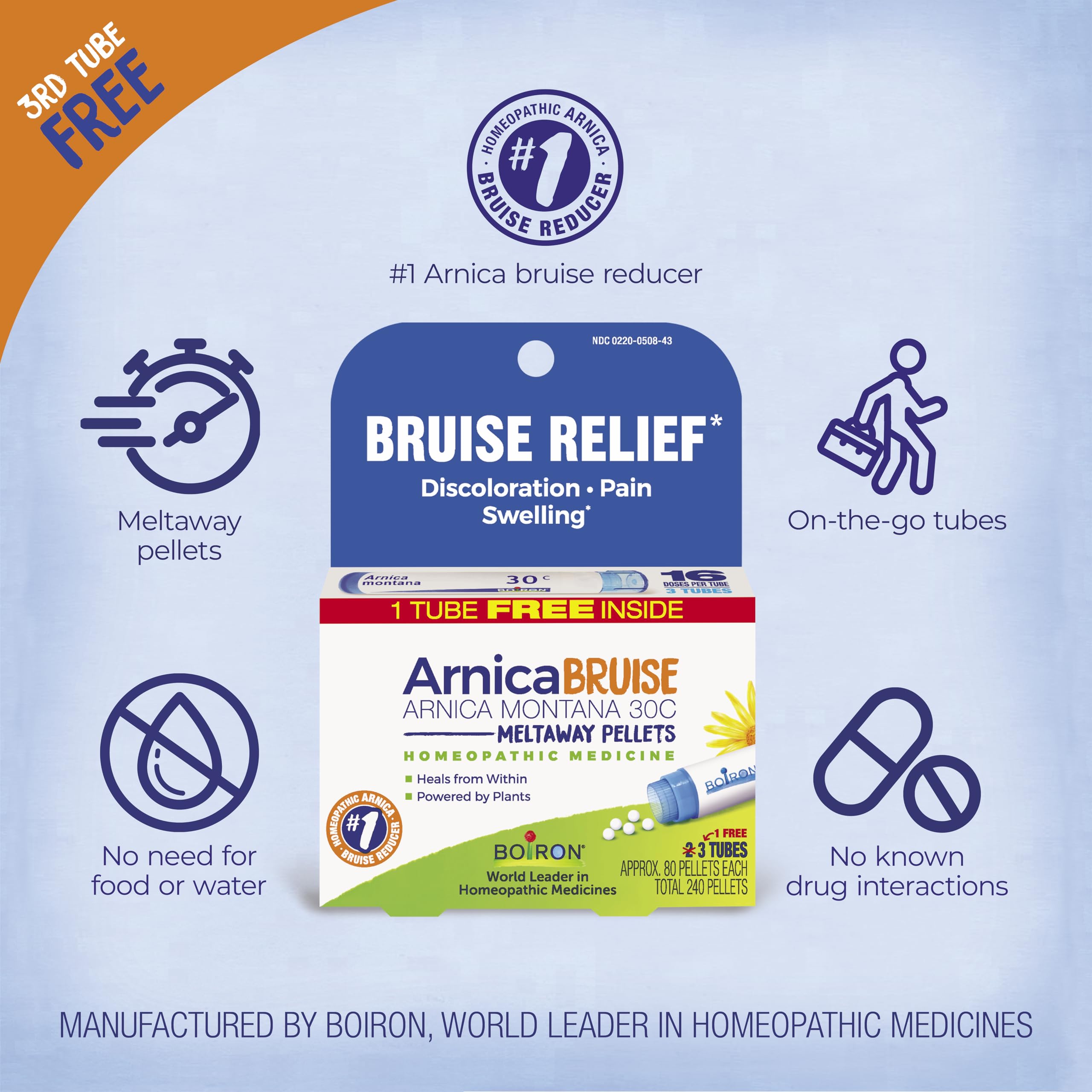 Boiron Arnica Bruise - Arnica Montana 30c for Relief of Pain, Swelling, and Discoloration from Bruises - 3 Count (240 Pellets) Boiron Au supplements