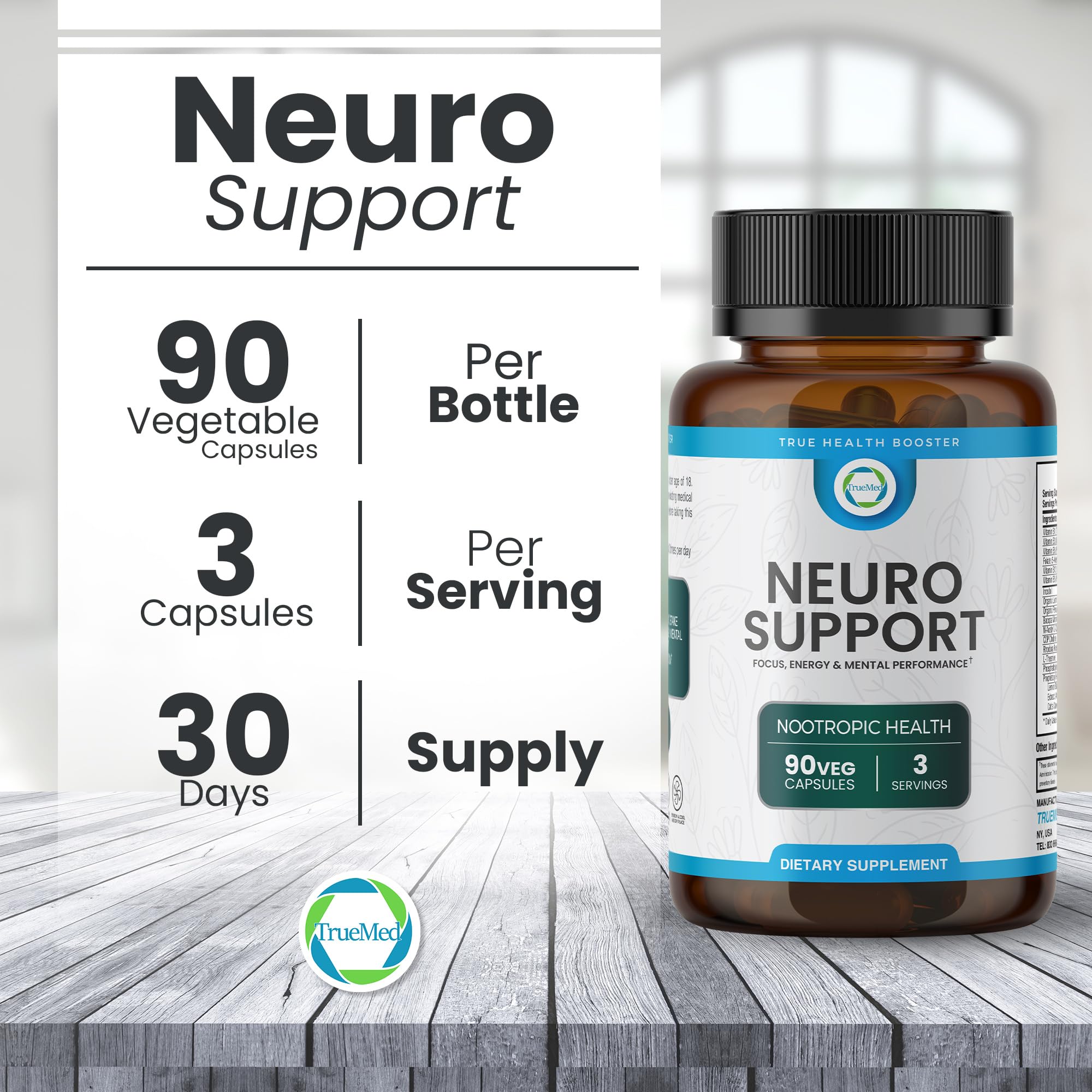 TrueMed Neuro Support - Premium Nootropic Supplement for Focus, Energy, Mental Clarity, and Performance Organic Lion’s Mane, Bacopa Monnieri, Rhodiola, Non-GMO Gluten-Free CDP Choline 90 Veg Capsules TRUEMED Au supplements