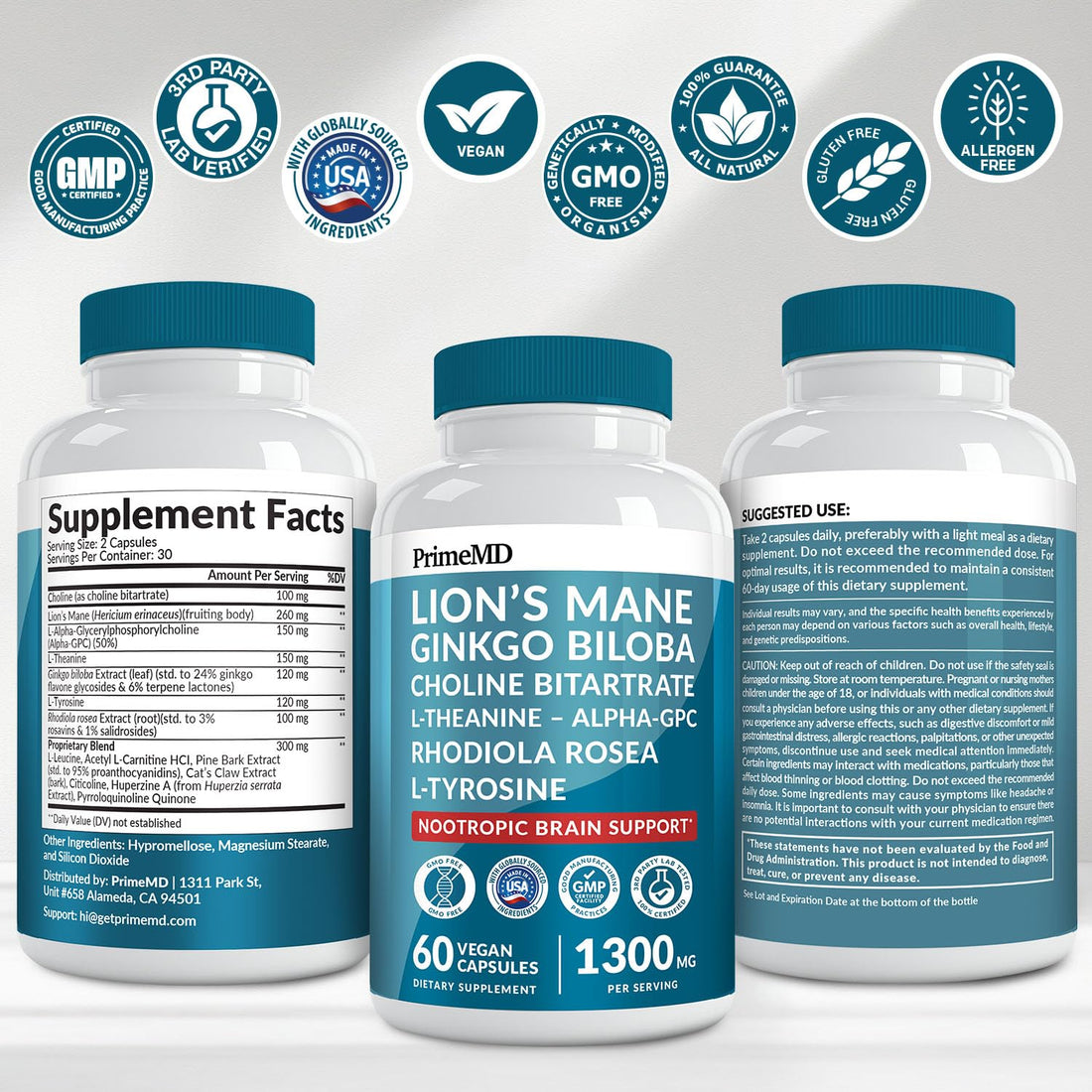 14-in-1 Lions Mane Supplement Capsules - Nootropic Brain Supplement with Ginkgo Biloba for Brain Support, Memory and Focus - Alpha GPC, L Theanine & Choline Supplements with 1300mg Per Serving (60 ct) PrimeMD Au supplements
