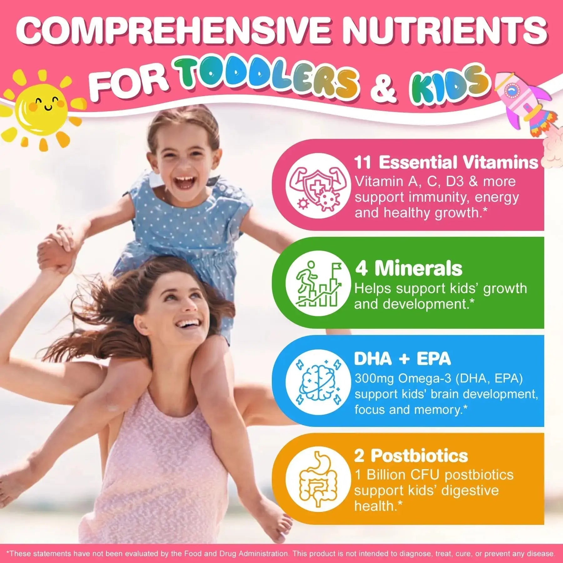 Organic Toddler Multivitamin Gummies + Omega-3 (DHA/EPA), Postbiotics | kids 2+ multivitamin | Vitamins A C D3 Methyl B12 Folate Zinc EnvyCure Au supplements