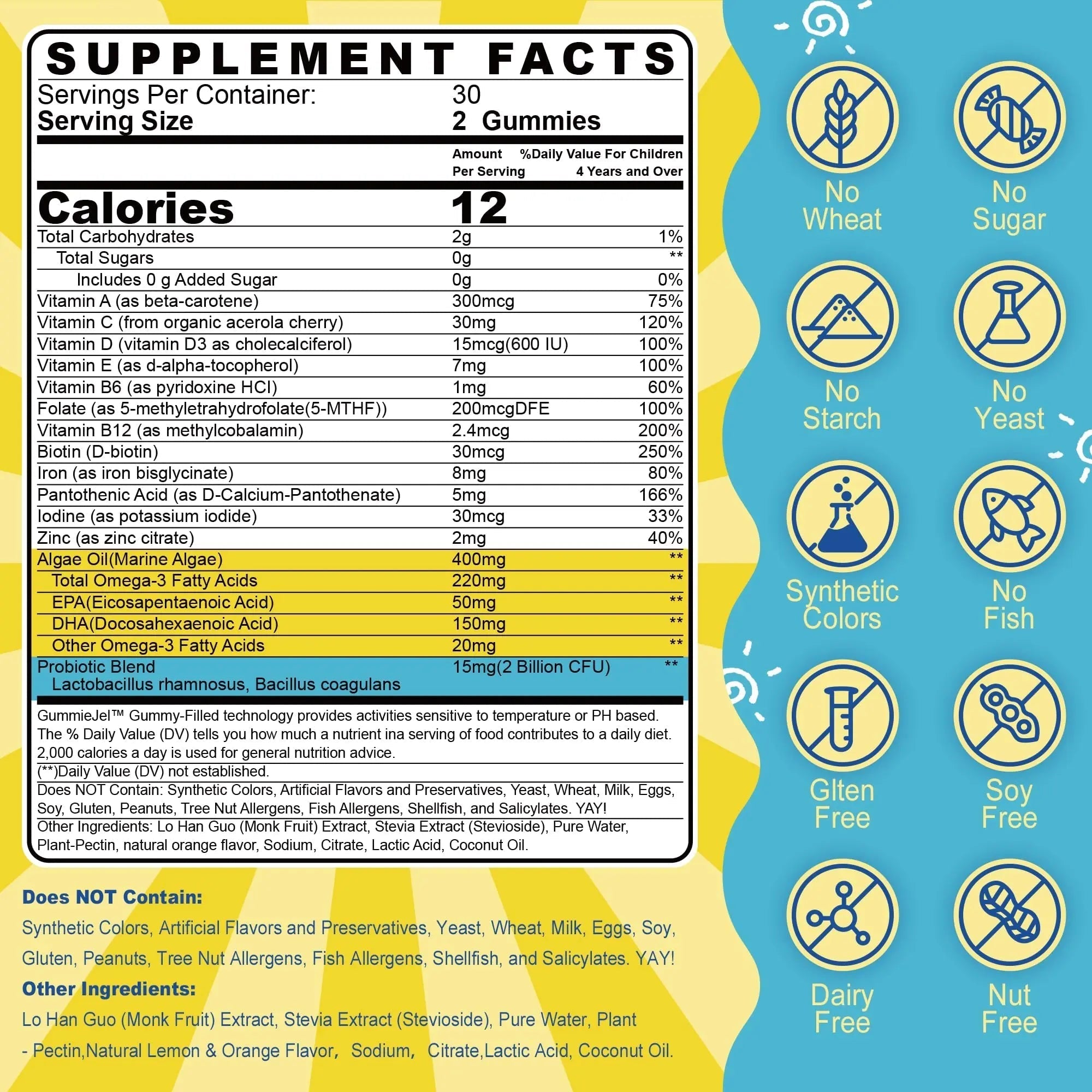 Kids Multivitamin Gummies with Iron, Sugar Free, Kids Daily Vitamins + Probiotics, Algae Omega 3 (EPA/DHA), A, C, D, Methyl B12, Folate, B6, Zinc, Biotin Nextdia Au supplements