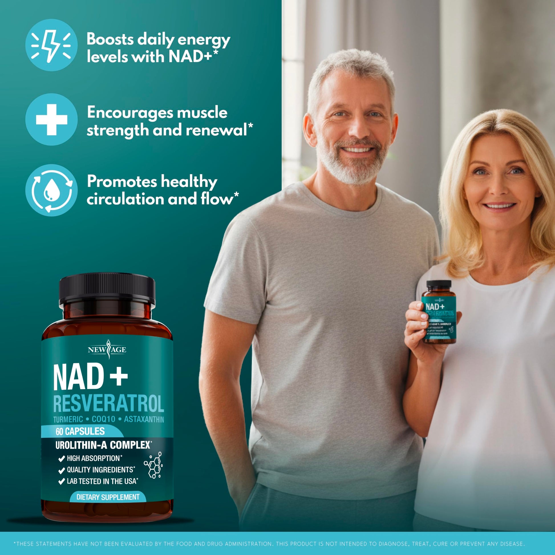 NEW AGE NAD+ Supplement Complex – NAD+ 300 mg with Astaxanthin, Urolithin A, Resveratrol, CoQ10 & Antioxidant Blend – Cellular Energy, Support or Women & Men – Vegan, Non-GMO- 120 Count NEW AGE Au supplements