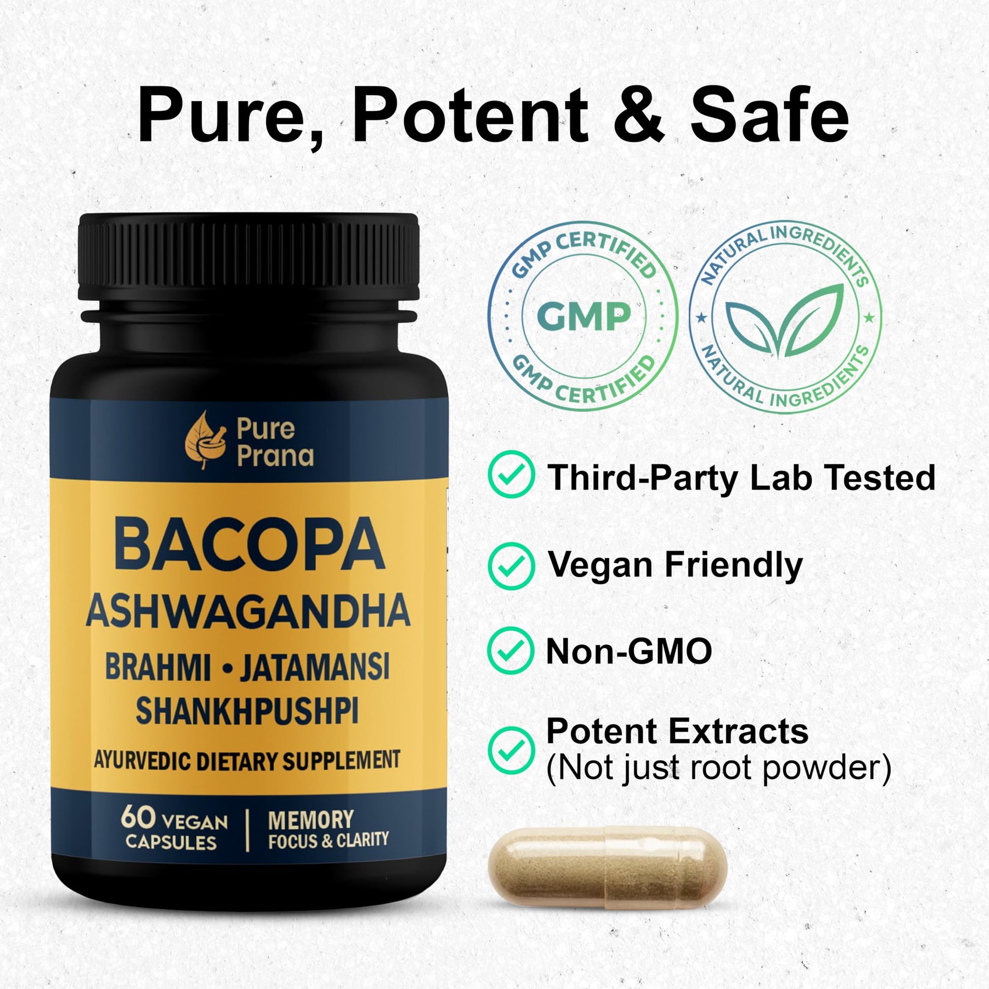 Pure Prana Ayurvedic Brain Supplement Capsules with Brahmi, Ashwagandha & Gotu Kola - Plant-Based Nootropic Cognitive Wellness Formula for Daily Focus - Vegan Clarity for Men Women - 60 Capsules Pure Prana Au supplements