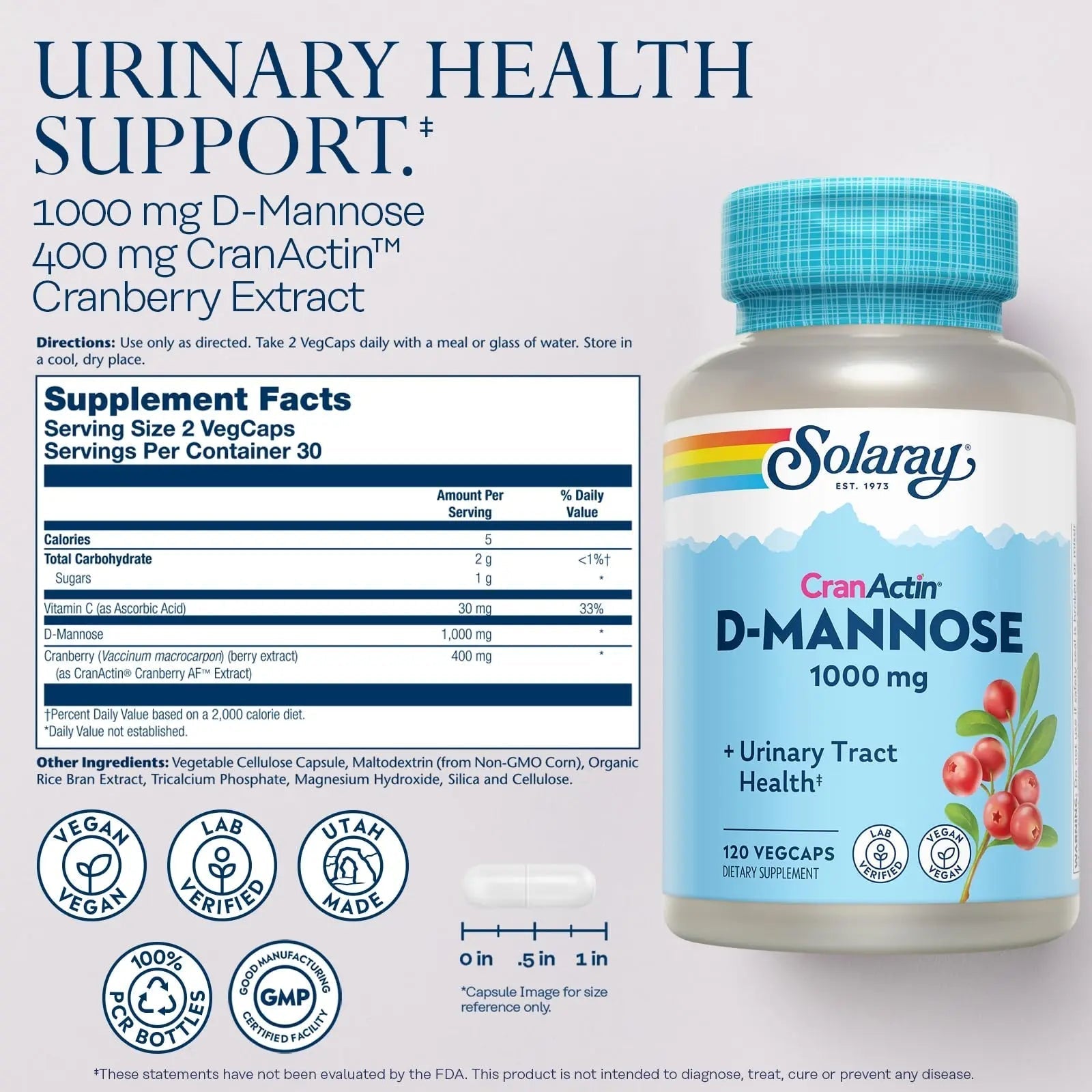 SOLARAY D-Mannose 1000mg with CranActin Cranberry Supplement 400mg, Urinary Tract Health & Bladder Support Capsules with Vitamin C, Vegan, 60 Day Guarantee, 60 Servings, 120 VegCaps (120 CT) SOLARAY Au supplements