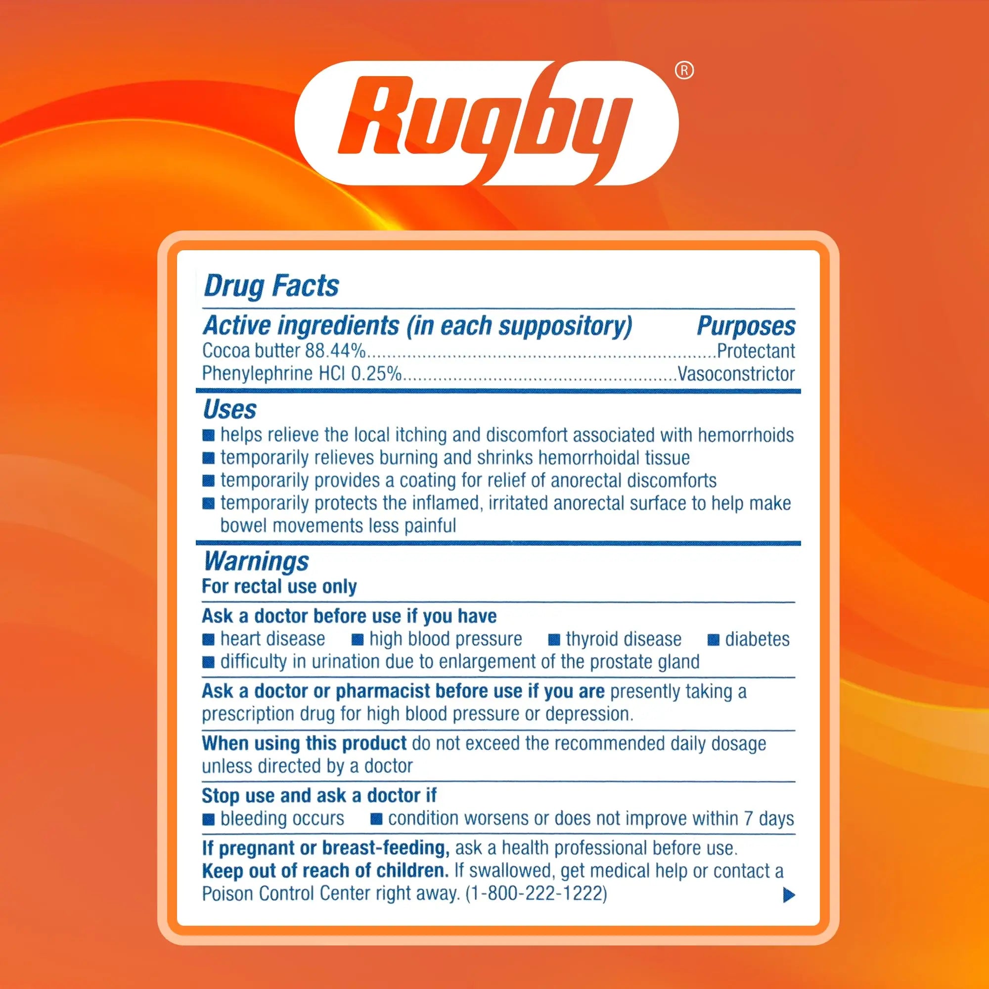 Rugby Hemorrhoidal Suppositories - Soothing and Shrinking Action for Internal Hemorrhoids with Cocoa Butter and Phenylephrine HCl, Easy Open Design - 12 Count RUGBY LABORATORIES Au supplements