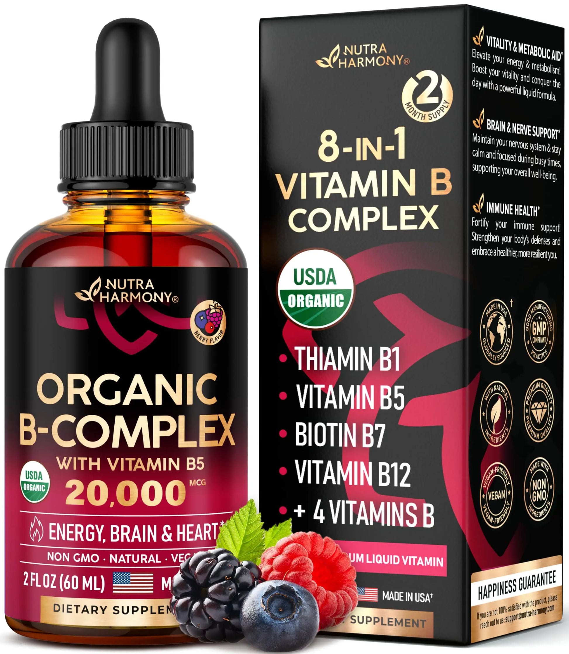 USDA Organic Vitamin B Complex Liquid Drops - 8-in-1 B Complex Vitamins: B1, B2, B3, B5 NUTRAHARMONY Au supplements