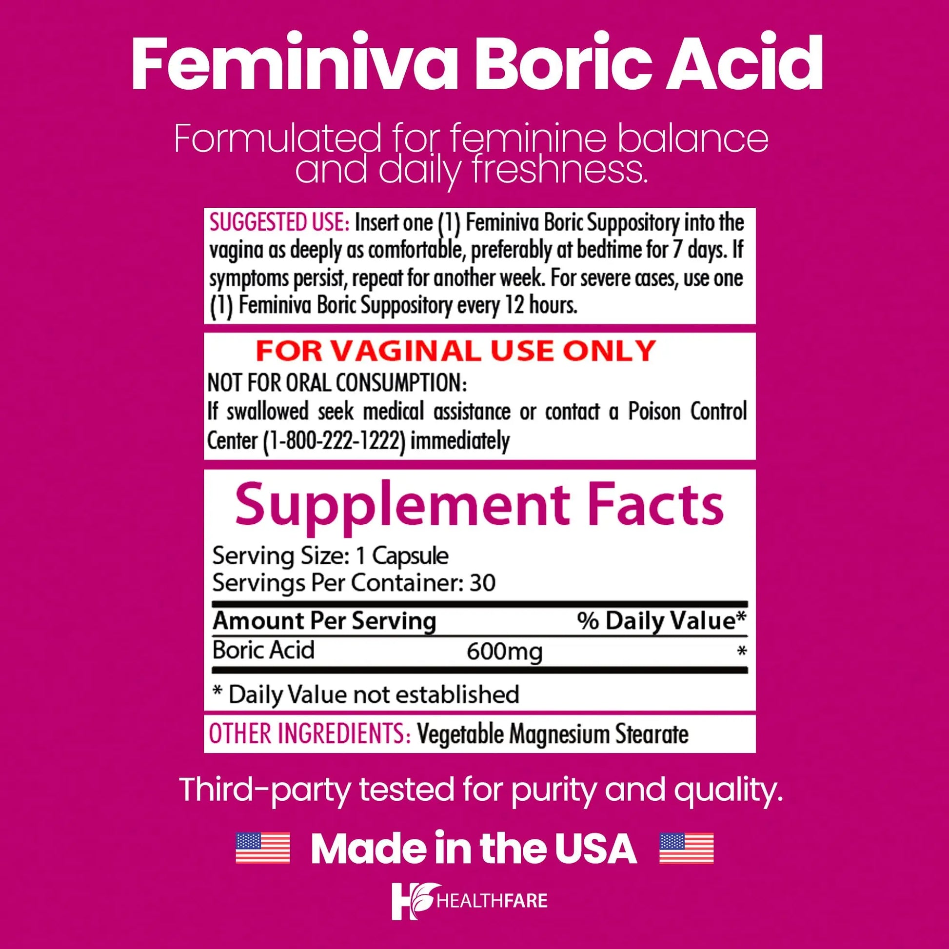 Healthfare Feminiva Boric Acid Suppositories | 2-Pack | 30 Vaginal Suppositories Each | 600mg | 100% Pure | Made in The USA Healthfare Au supplements