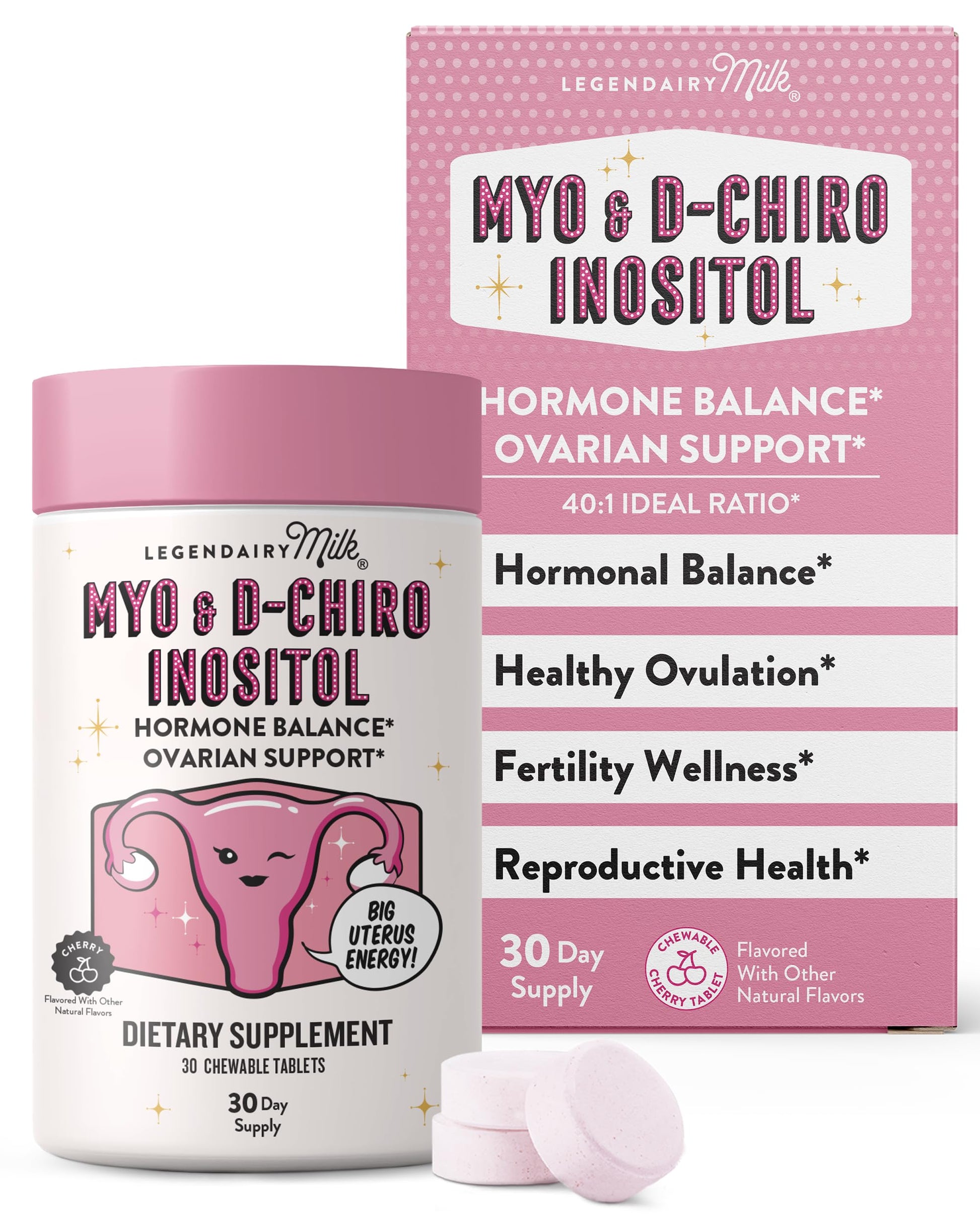 Legendairy Milk Myo-Inositol & D-Chiro Inositol Supplement for Women, 40:1 Ratio, PCOS & Fertility Support, Hormone Balance, Sugar Free Vegan Chewable Tablets, Cherry Flavor, 30 Day Supply Legendairy Milk Au supplements