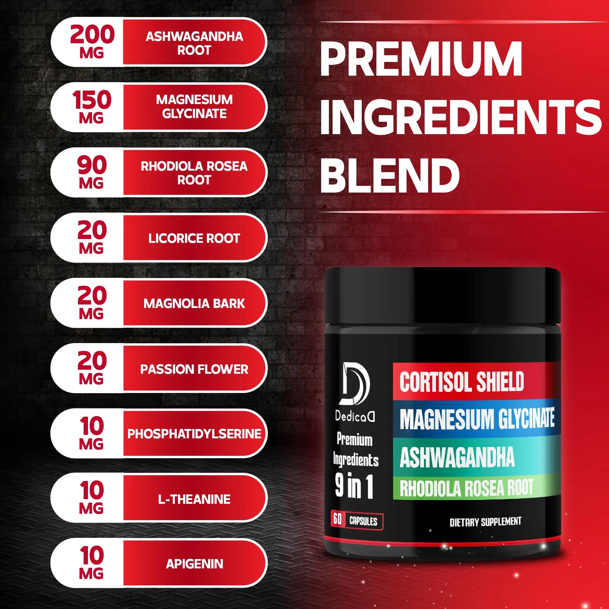 DEDICAD 9in1 Cortisol Shield - Magnesium Glycinate & Ashwagandha with Rhodiola, Phosphatidylserine, Passion Flower, L-Theanine, Apigenin, Licorice, Magnolia - Rest Well & Mood Balance - 60 Count DEDICAD Au supplements