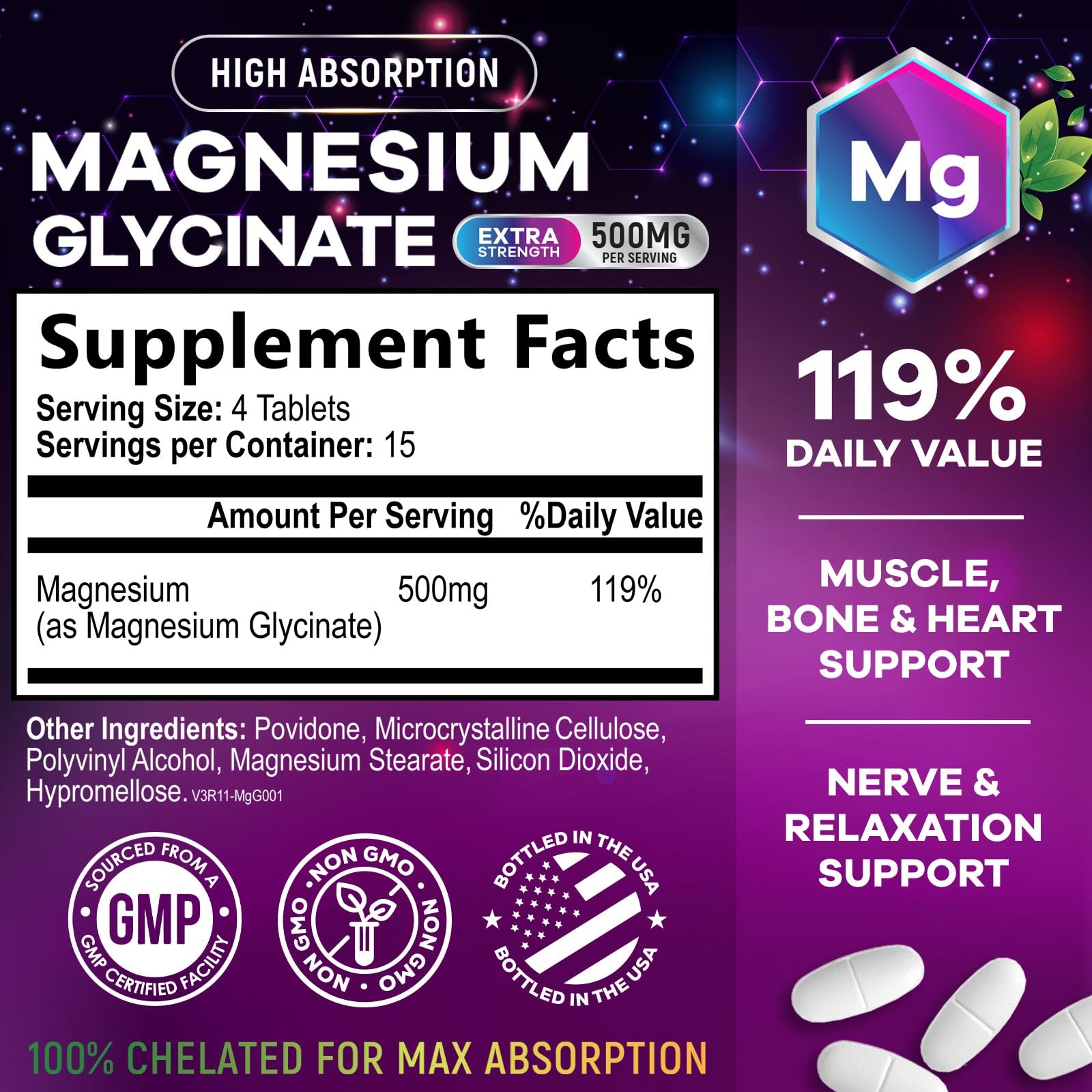 Magnesium Glycinate Supplement - 500mg Magnesium Per Serving - 100% Chelated & Purified - Supports Sleep, Heart Health, & Muscle Strength - Best Absorption Magnesium, Bottled in USA - 60 Tablets Nature's Nutrition Au supplements