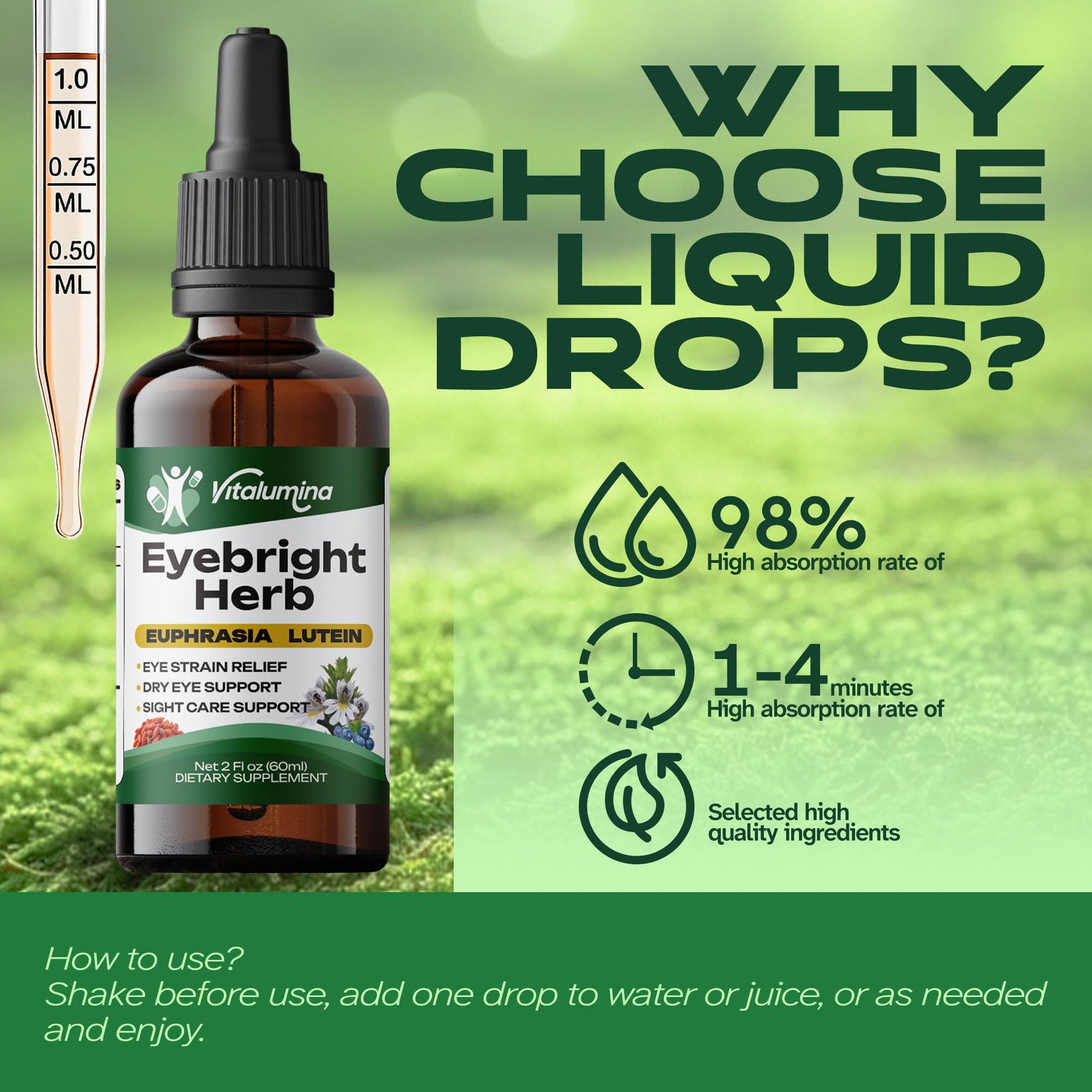 Vitalumina Eyebright Herbal Liquid with Organic Euphrasia, Lutein, Bilberry, Blueberry & Goji – Plant-Based Vegan Supplement for Adults – 4 fl oz Vitalumina Au supplements