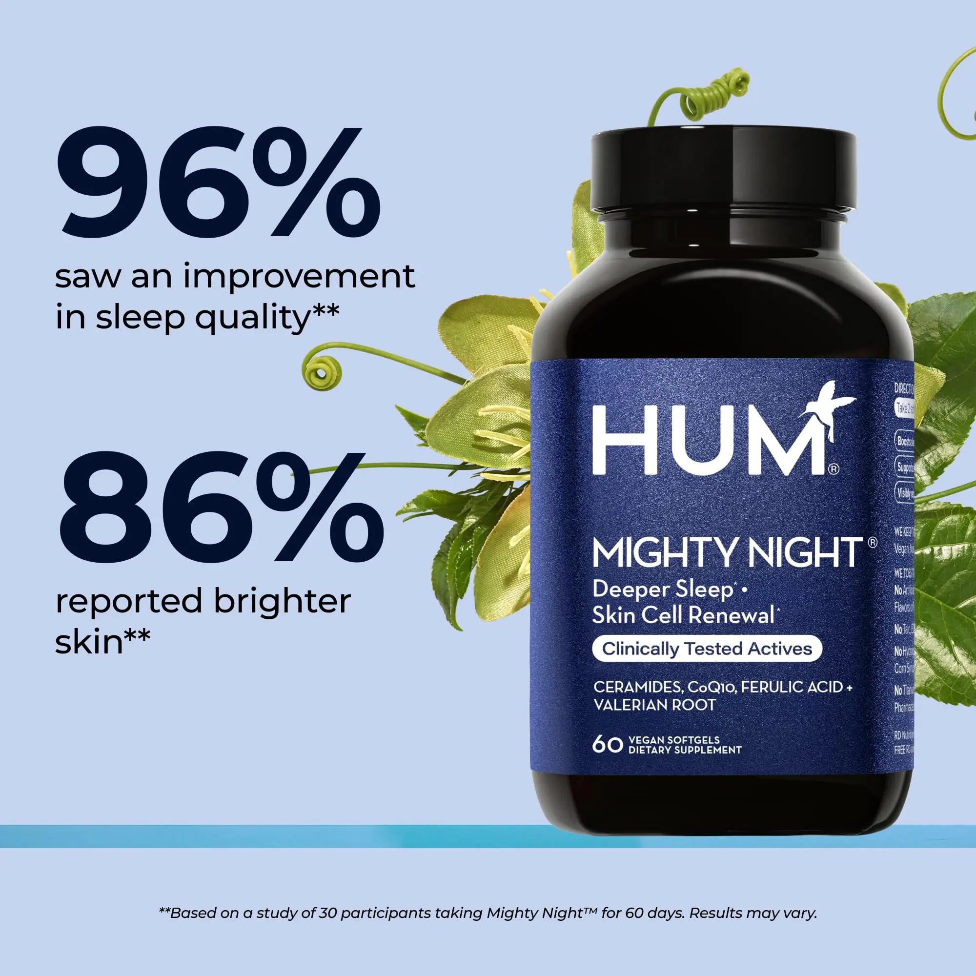 HUM Mighty Night Nighttime Sleep Supplement for Skin Care, CoQ10, Valerian Root & Ferulic Acid to Support Cell Turnover, Skin Vitamins for Women and Men, Overnight Beauty Vitamins, 60 Vegan Softgels HUM Au supplements
