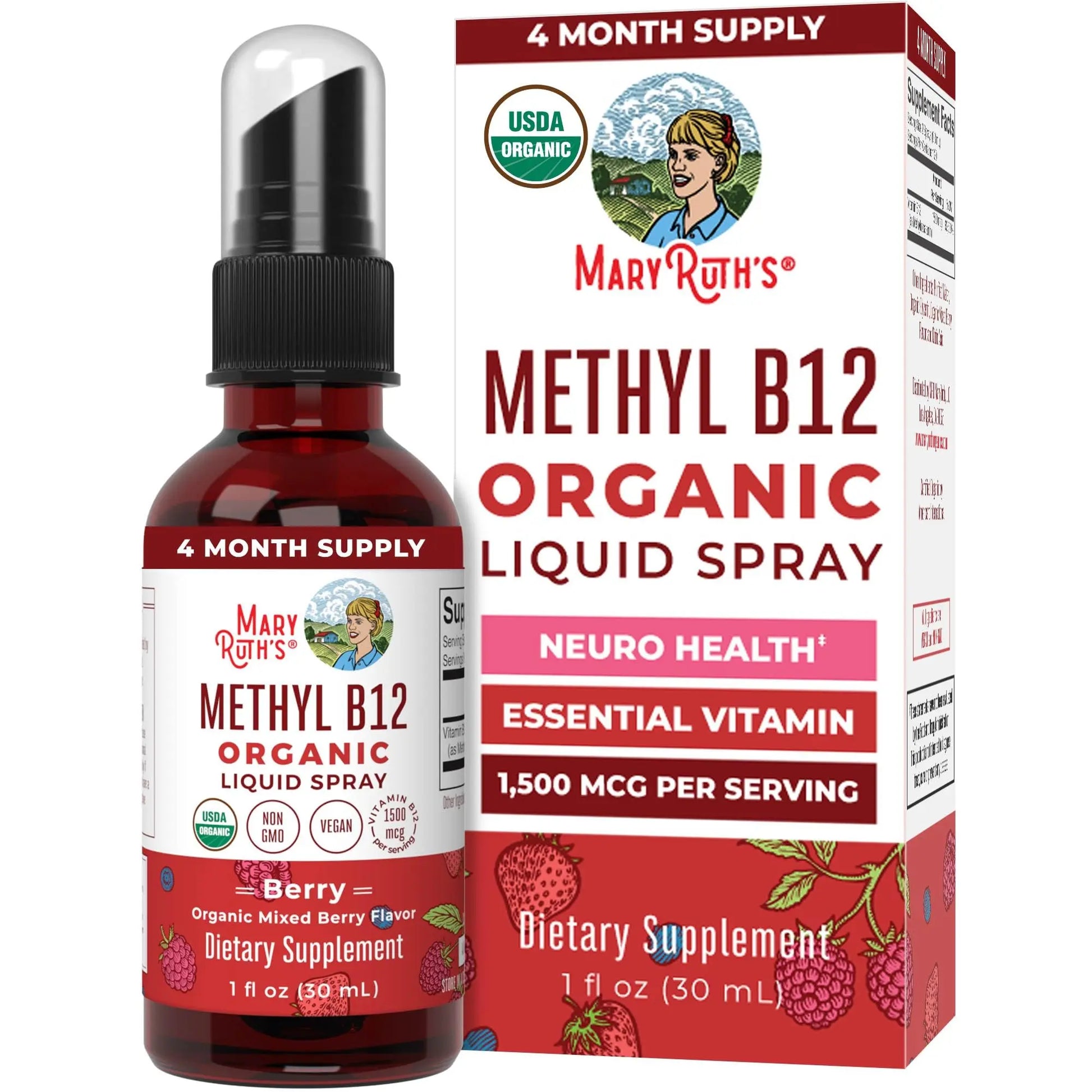 MaryRuth Organics Methyl B12 Spray | 1,500 mcg B12 Per Serving | Methylcobalamin | Energy Metabolism | Nervous System Support | Neuro Health | Vegan | Gluten Free | Sugar Free | 1 Fl Oz MARYRUTH'S Au supplements