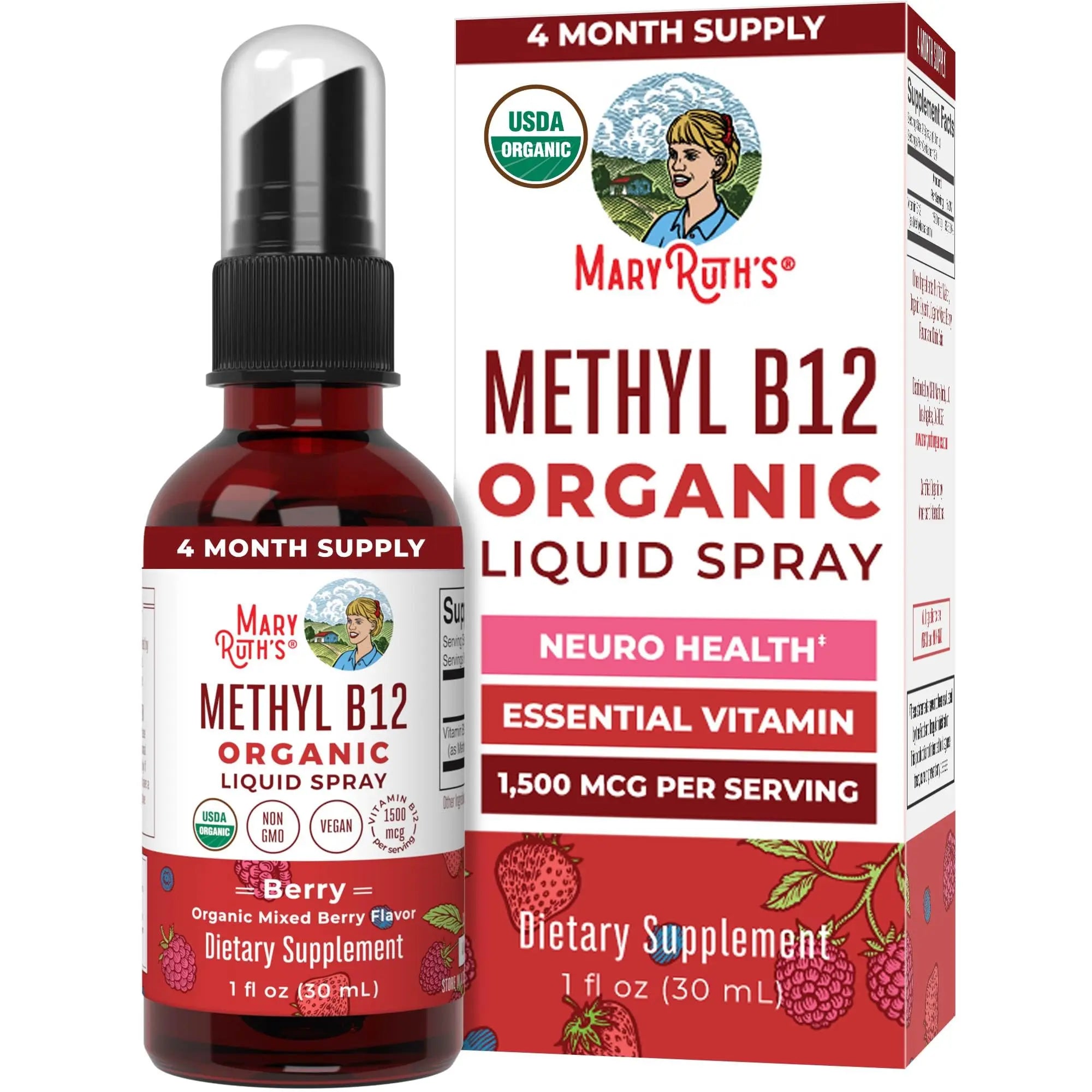 MaryRuth Organics Methyl B12 Spray | 1,500 mcg B12 Per Serving | Methylcobalamin | Energy Metabolism | Nervous System Support | Neuro Health | Vegan | Gluten Free | Sugar Free | 1 Fl Oz MARYRUTH'S Au supplements